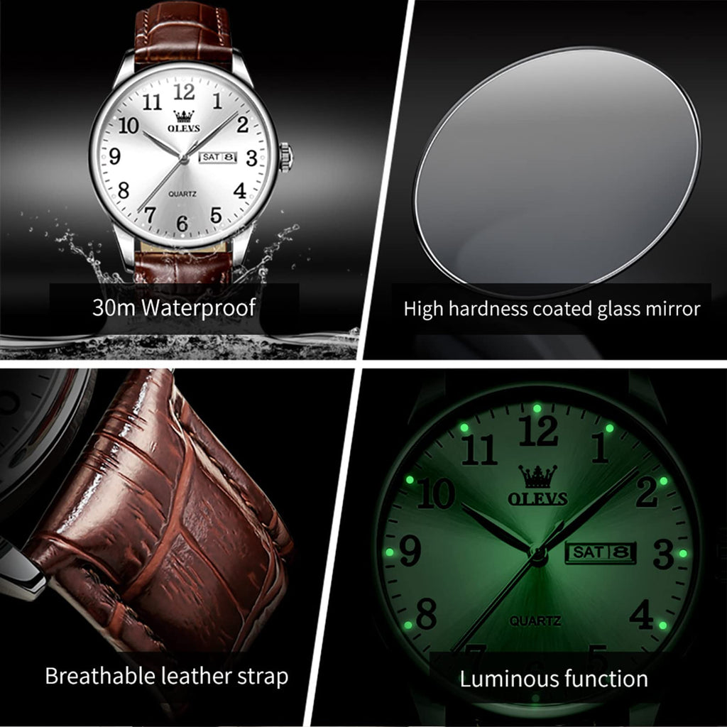 OLEVS Men Watches Dress Waterproof Brown Leather Band Classic Large Face Luxury Watches for Men Casual Original Analog Business Dainty Watch Men Two Tone Fashion Elegant Adjustable Quartz Watches Men