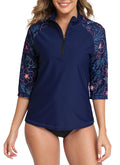 Halcurt Women's 3/4 Sleeve Rash Guard Swimsuit Top High Neck Half Zip Swim Shirt Only UPF50+ Quick Dry Bathing Suit Floral M