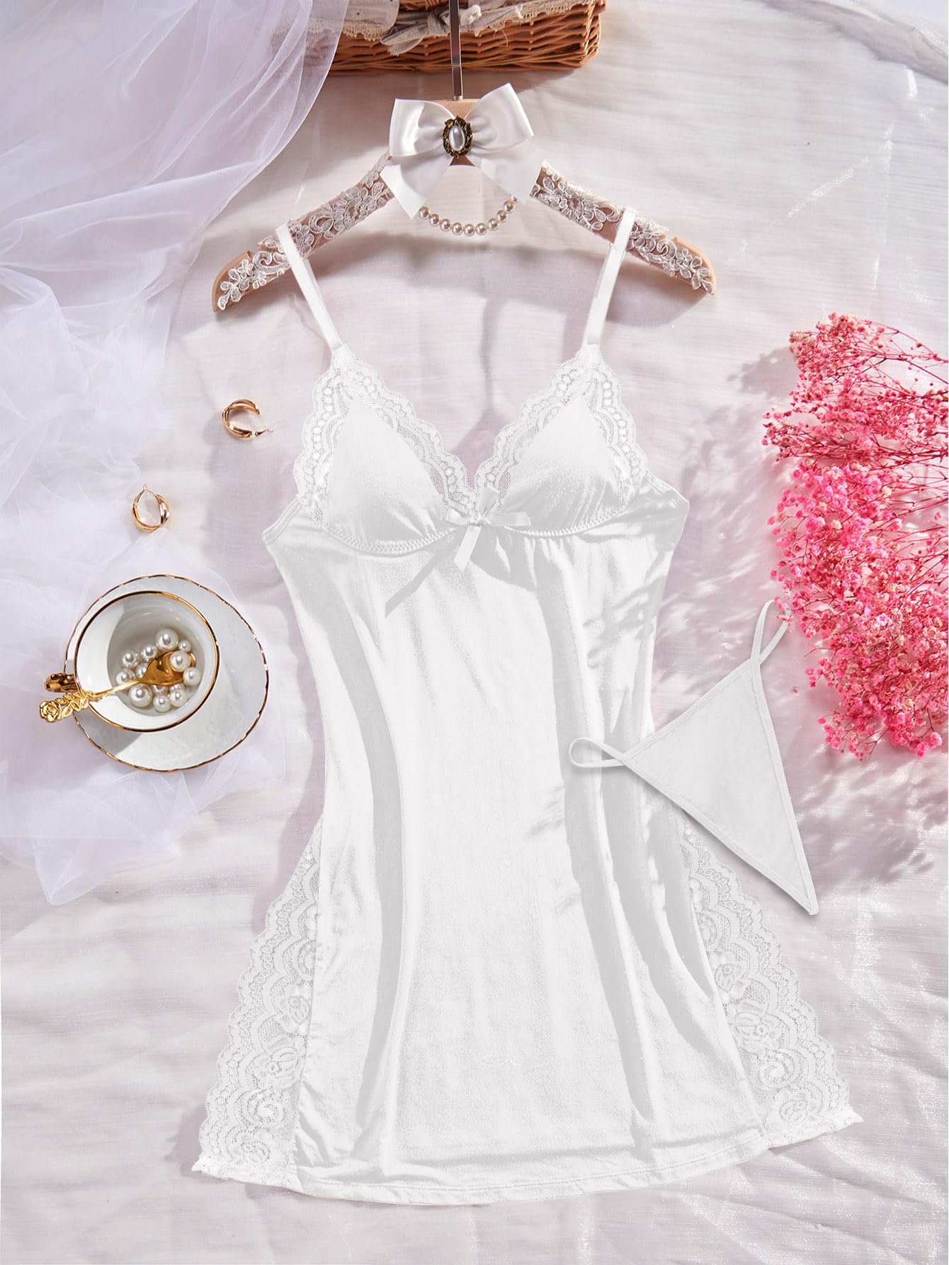 Foxiny Sexy Split Side Floral Lace Trim Full Slip Night Gown Babydoll Lingerie Dress with Thong 2 Piece Women High Slit Cami Nightgown Pajamas Set Nighty Sleep Wear Bridal White Medium