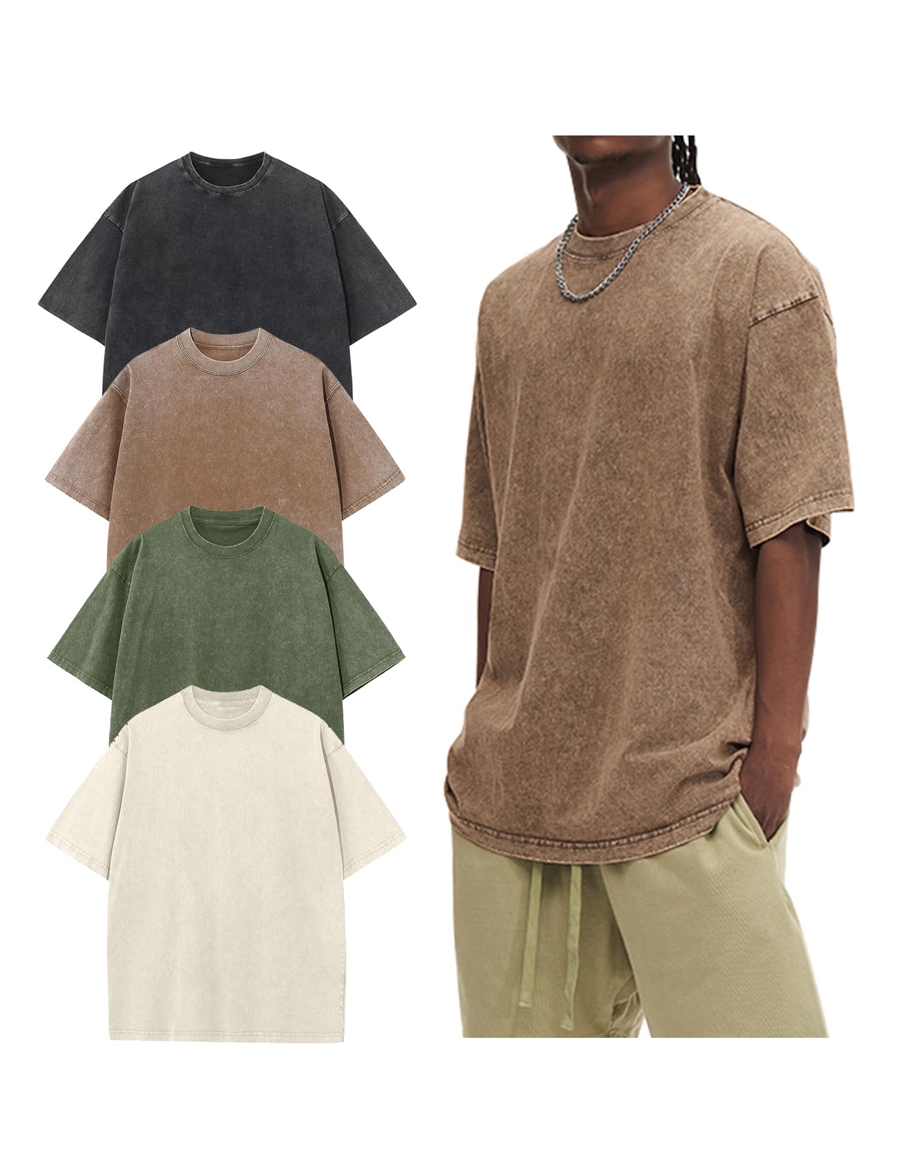 Arssm 4 Pack Oversized Tshirts for Men Acid Wash Loose Fit Vintage Cotton Heavyweight T Shirts Baggy Tees(BlackArmyKhakiBeige-XL)