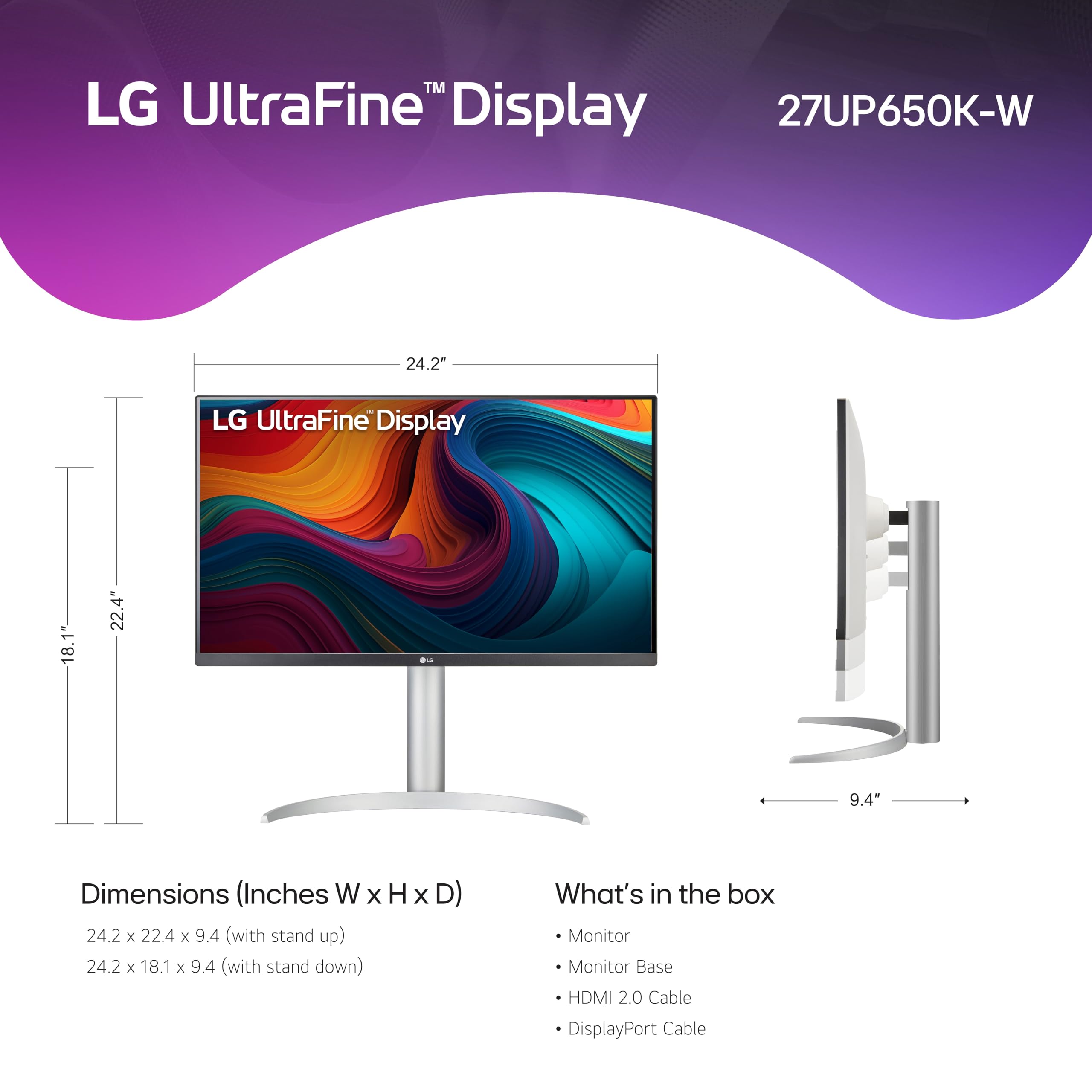 LG 27UP650K-W 27-inch Ultrafine 4K UHD (3840 x 2160) IPS Computer Monitor, 60Hz, 5ms, DisplayHDR 400, Reader Mode, Flicker Safe, HDMI, DisplayPort, Tilt/Height/Pivot Adjustable Stand, White