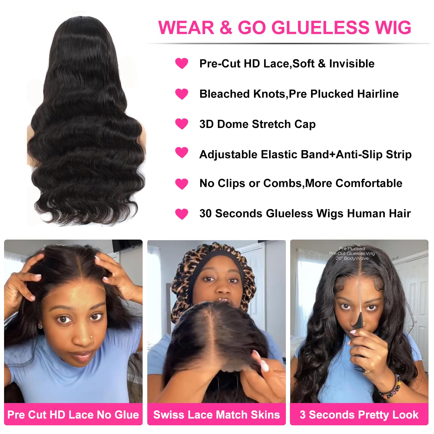 Uveous 28 Inch Wear and Go Glueless Wigs Human Hair Pre Plukced Pre Cut 5x5 Hd Lace Closure Wigs Human Hair for Women 180% Density Ready to Wear Glueless Body Wave Lace Front Wigs No Glue Wigs
