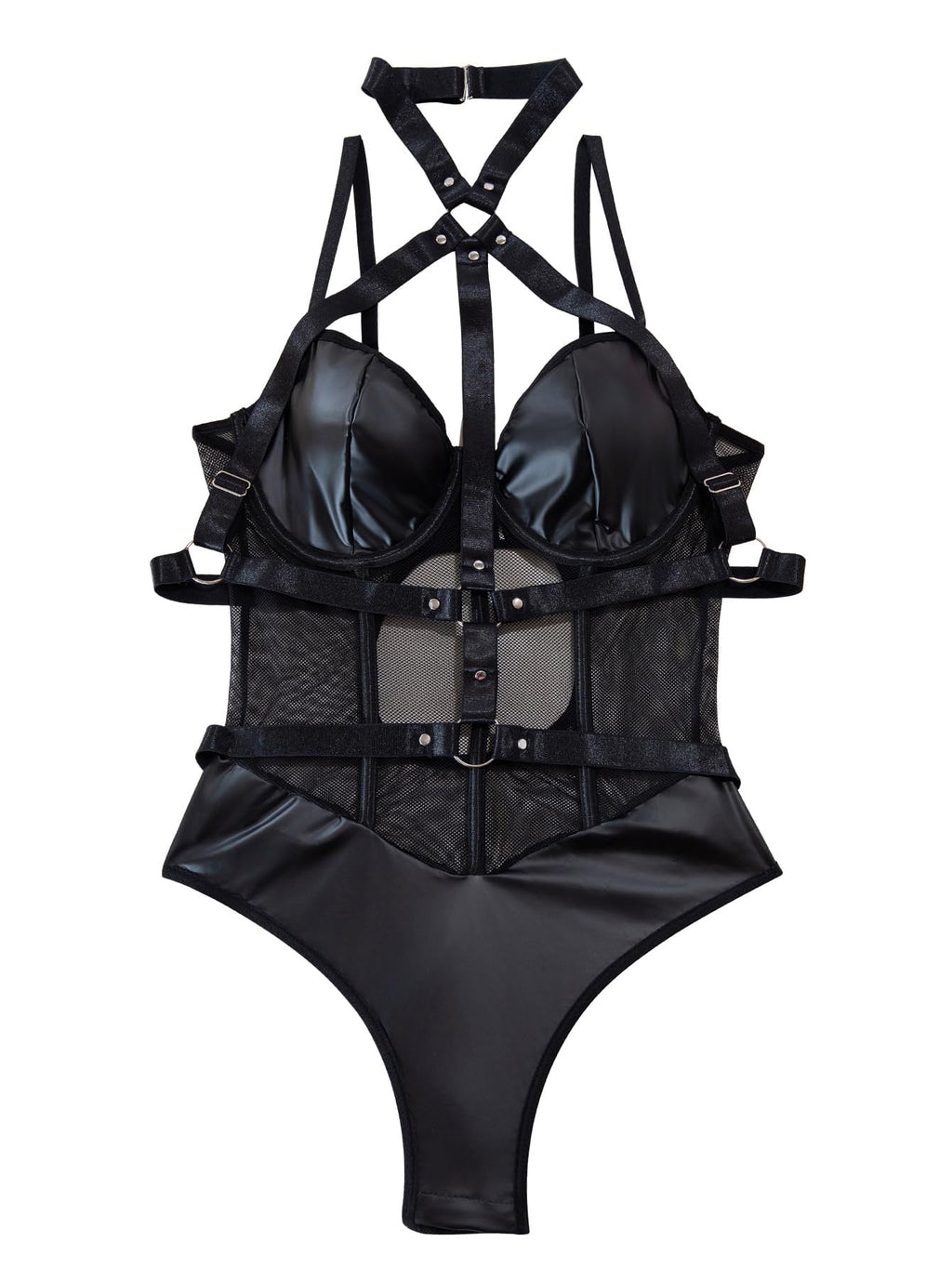 Lilosy Petite Sexy Crisscross Choker Leather Underwire Push Up Mesh Sheer Babydoll Women Harness Teddy Bodysuit Nightgown Nightshirt One Piece Pu Latex Black 2X-Small