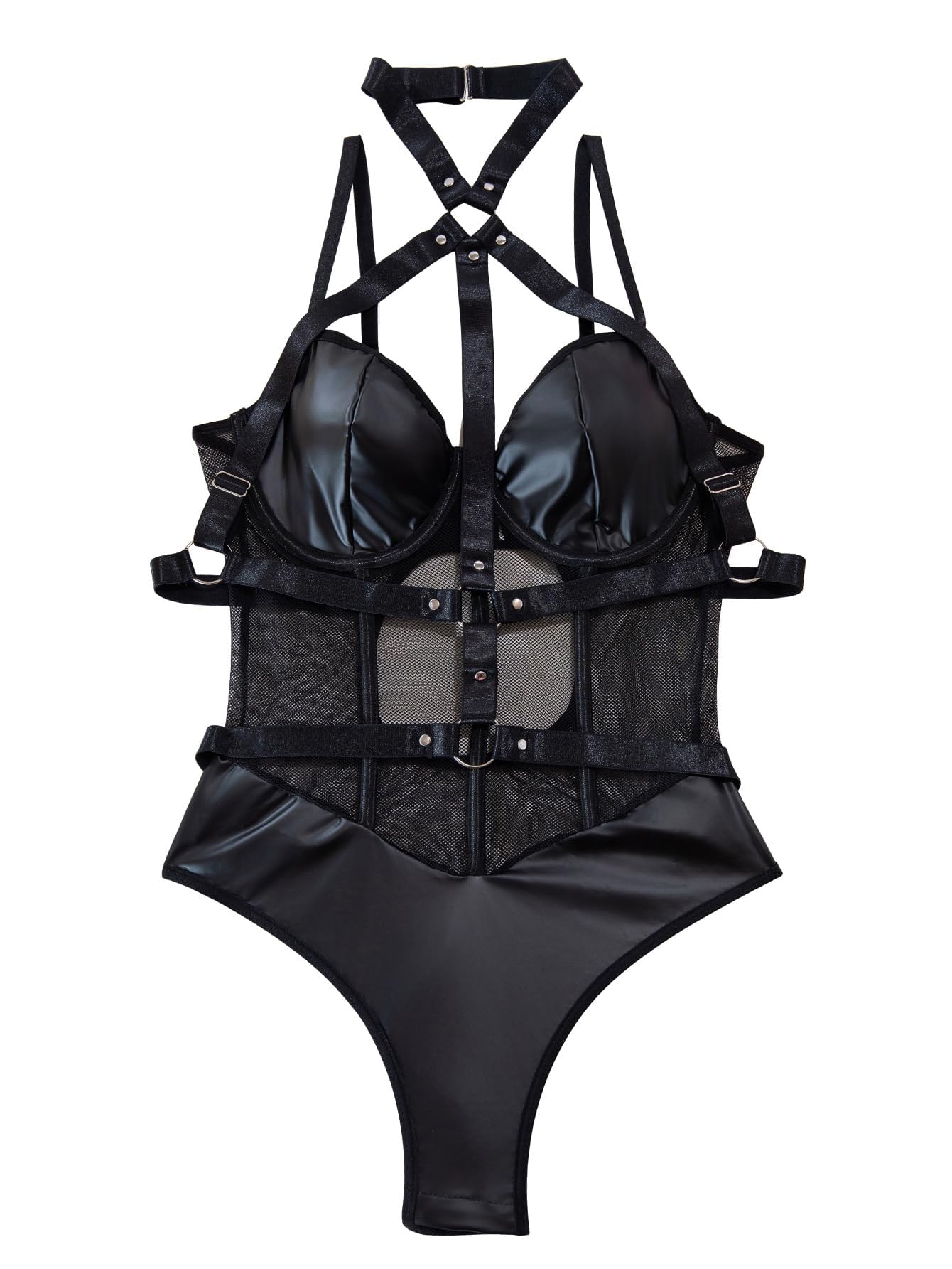 Lilosy Petite Sexy Crisscross Choker Leather Underwire Push Up Mesh Sheer Babydoll Women Harness Teddy Bodysuit Nightgown Nightshirt One Piece Pu Latex Black 2X-Small