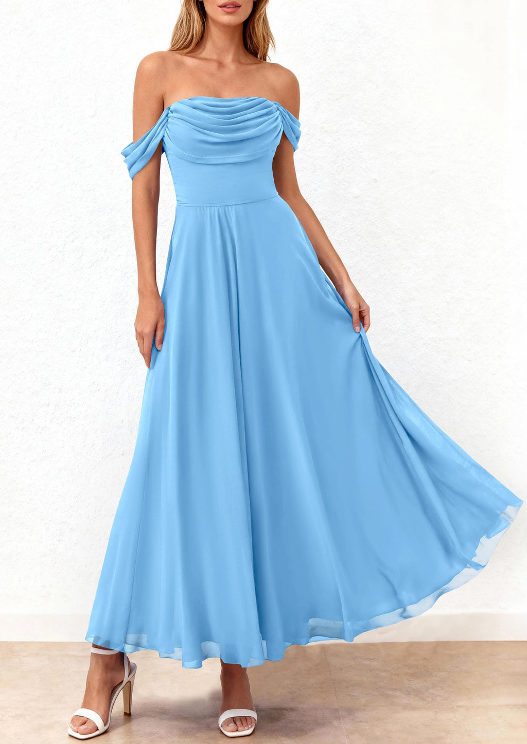 PRETTYGARDEN Womens Off Shoulder Maxi Summer Dresses 2026 Elegant Mesh Aline Swing Ruched Flowy Cocktail Wedding Guest Dress (Light Blue,Small)