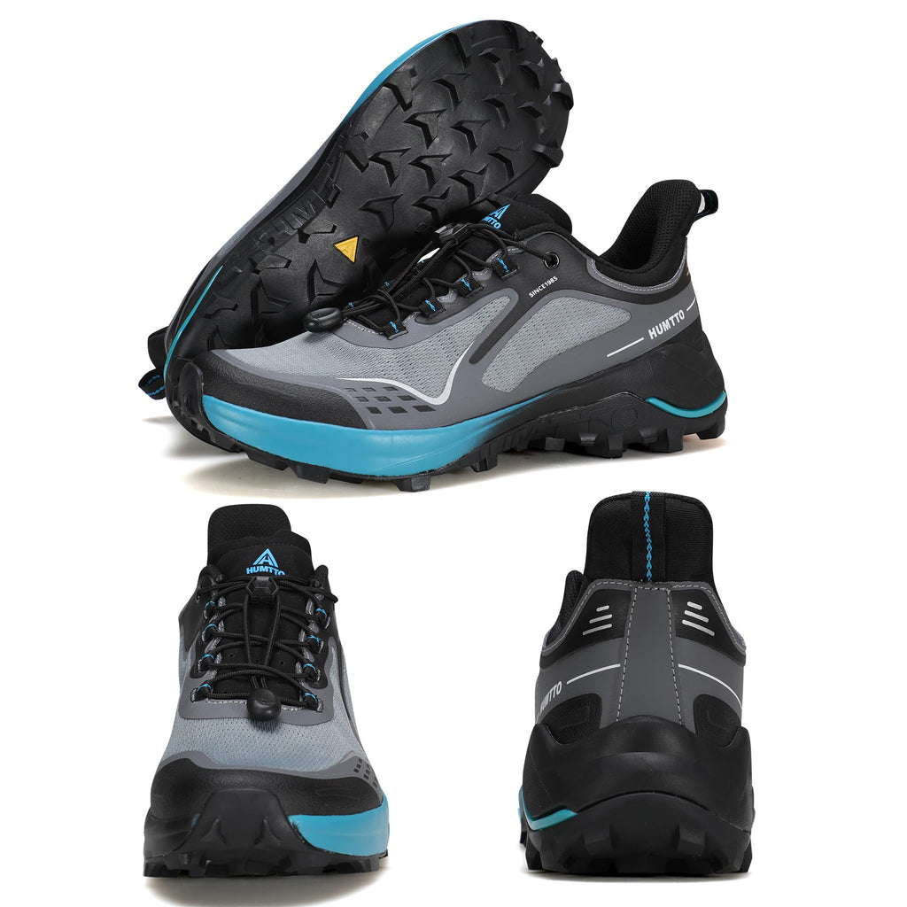 HUMTTO Men's Quick Laces Hiking Sneaker Lightweight Breathable Walking Outdoors Trail Running Shoes Grey/Black 13