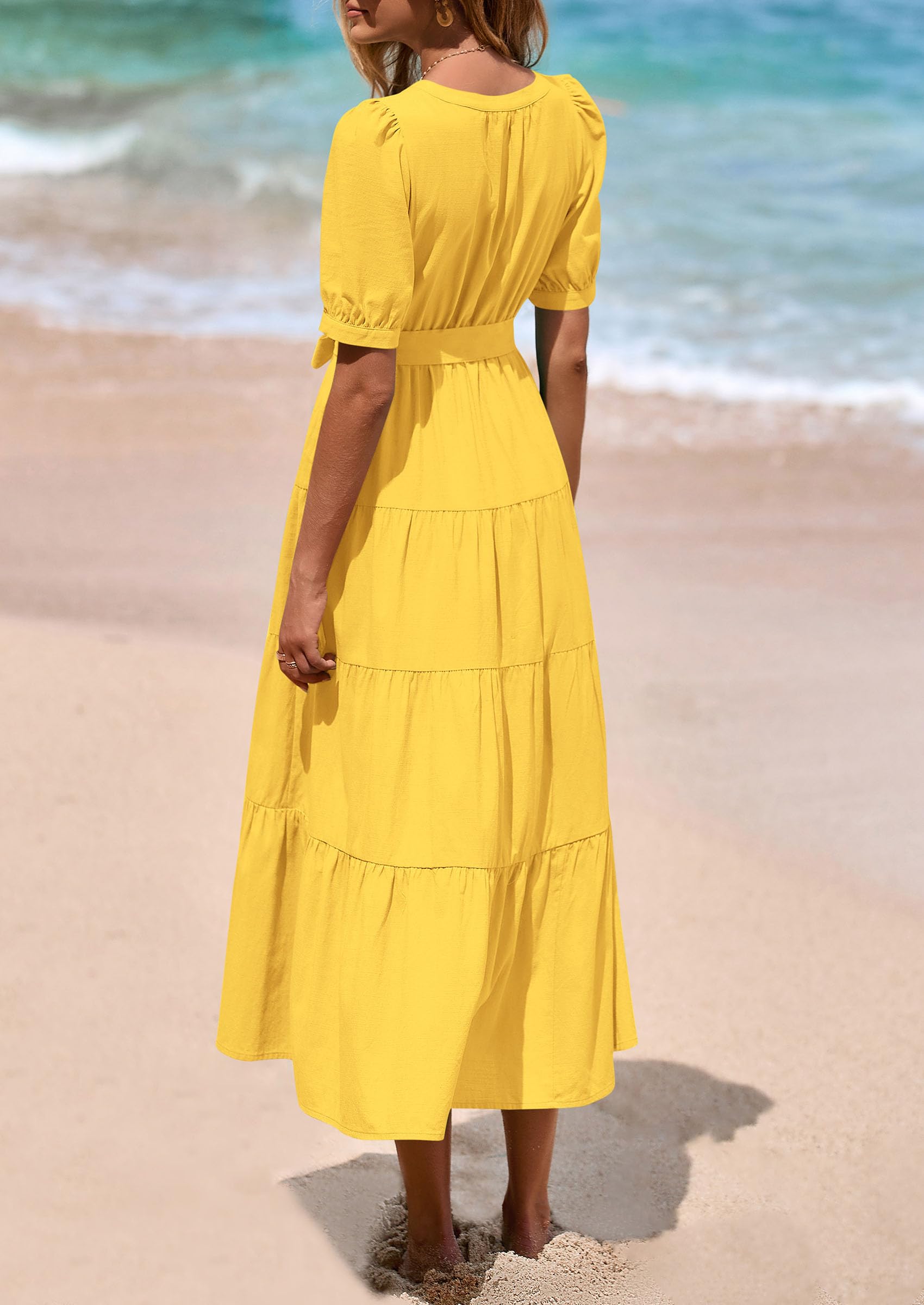 PRETTYGARDEN Summer Dresses for Women 2026 Elegant Classy Short Sleeve V Neck Ruffle A Line Belted Long Beach Vacation Dress (Yellow,XX-Large)