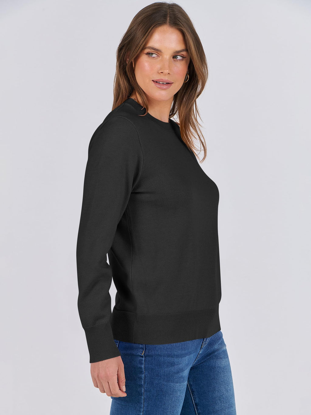 ANRABESS Sweaters for Women Long Sleeve Lightweight Crewneck Soft Basic Knit Loose Fit Pullover Top 2025 Fall Trendy Outfits Black Small