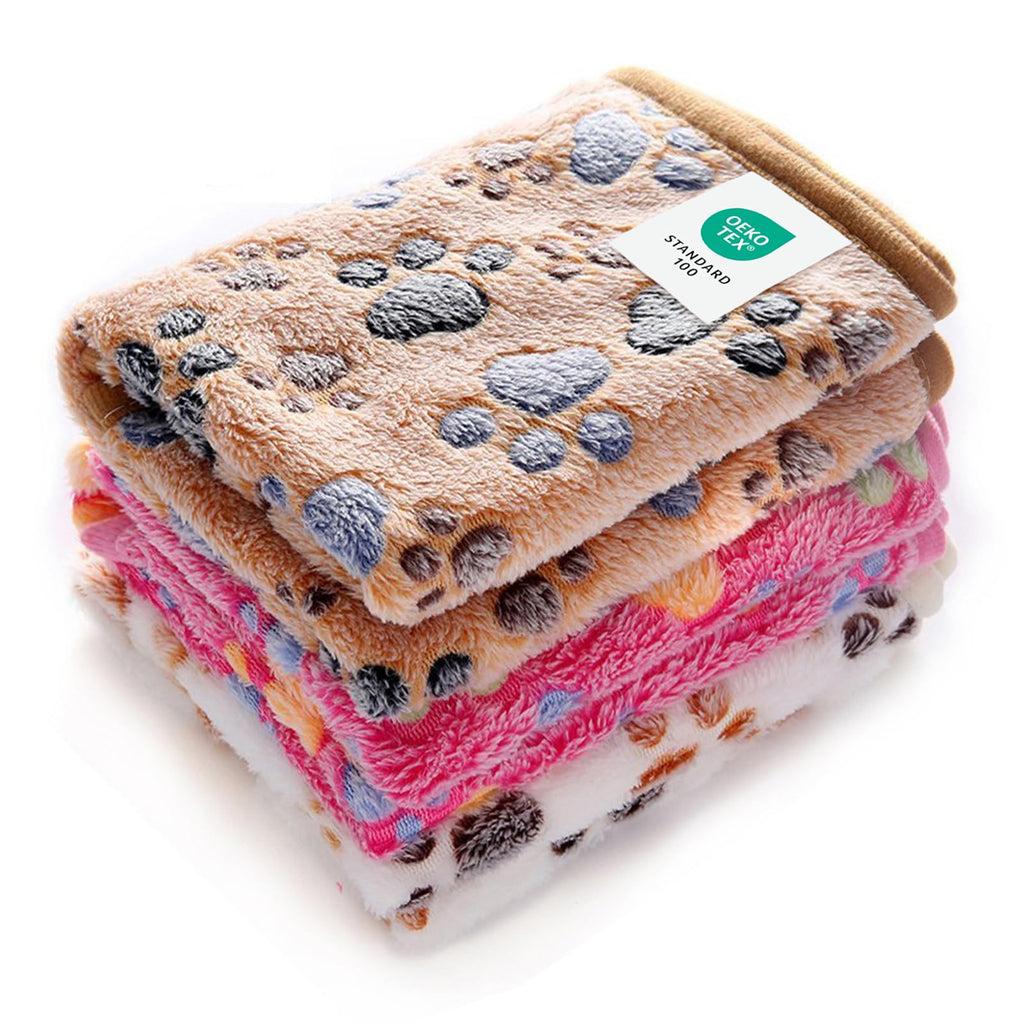 Luciphia 1 Pack 3 Blankets Super Soft Fluffy Premium Fleece Pet Blanket Flannel Throw for Dog Puppy Cat Paw Brown/Pink/White Small(23x16 inch)