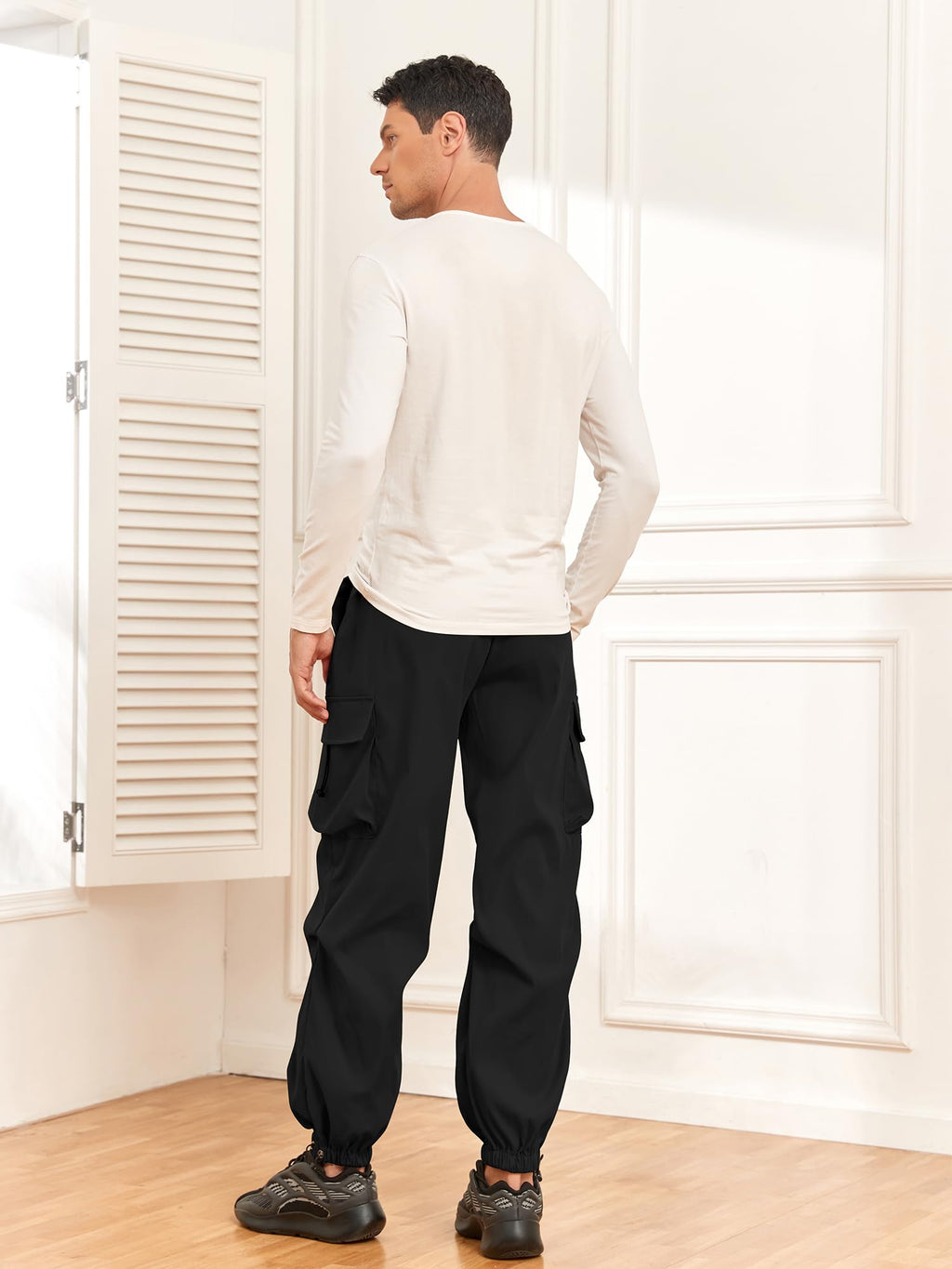 ZAFUL Flat Pocket Parachute Pants for Men Causal Baggy Cargo Pants Unisex Street Y2K Pants Drawstring Trousers Black M