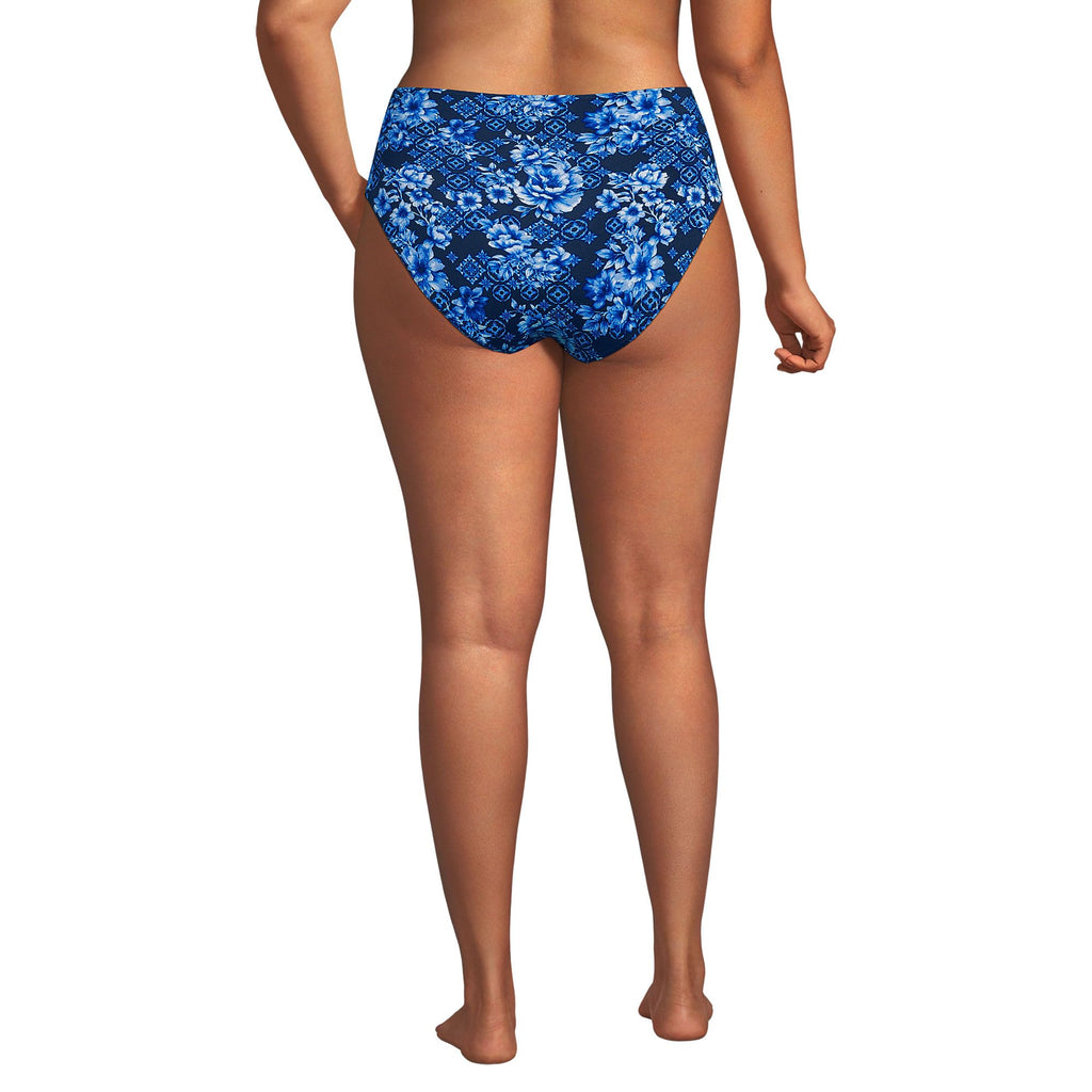 Lands' End Women's Seamed High Waisted Bikini Bottoms 2 Deep Sea Navy Mosaic Floral