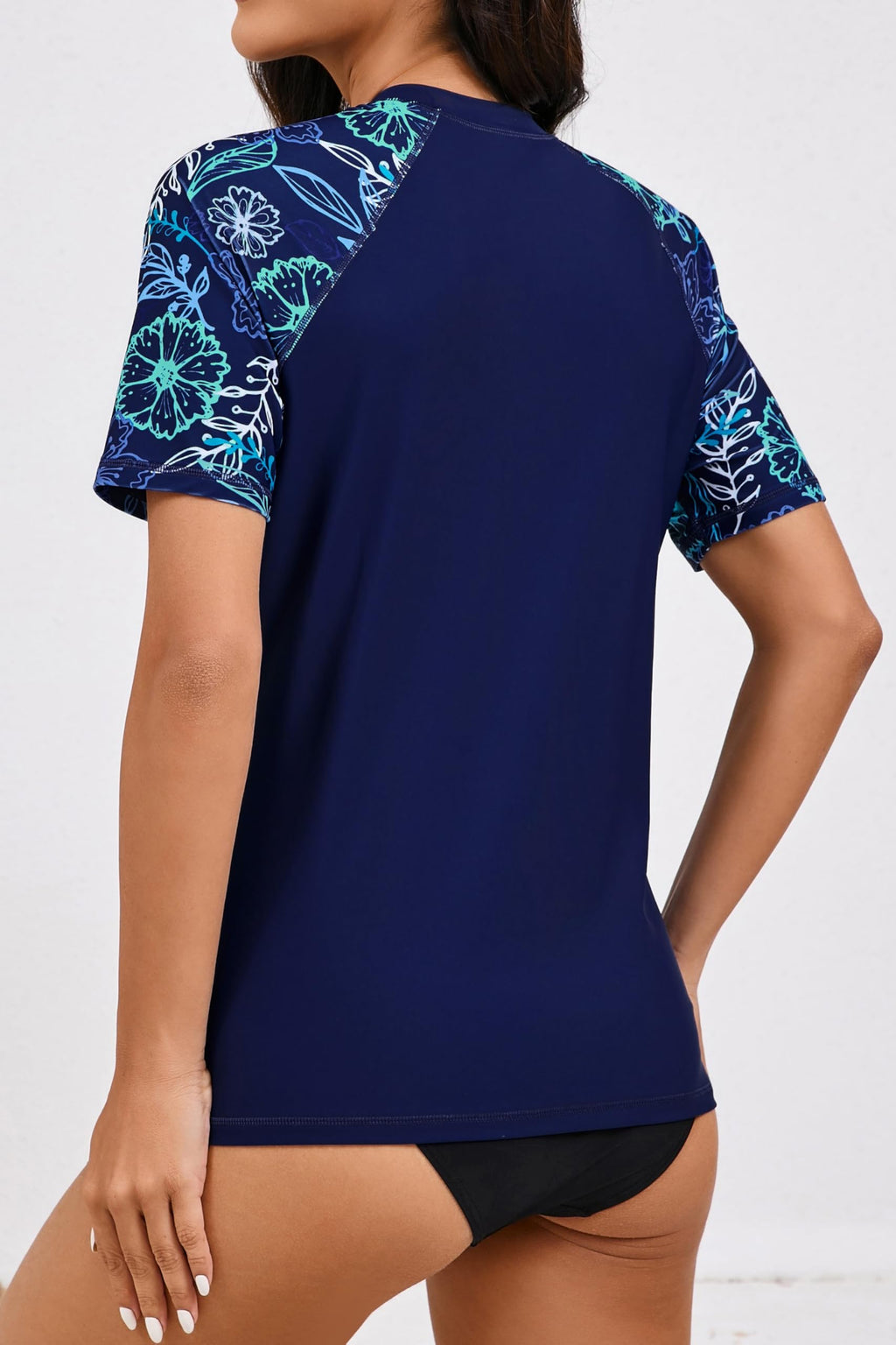 Halcurt Women's Half Zip Short Sleeve Rash Guard Top with Bra Side Pockets Swim Shirts UPF50+ Swimsuit Navy Floral S