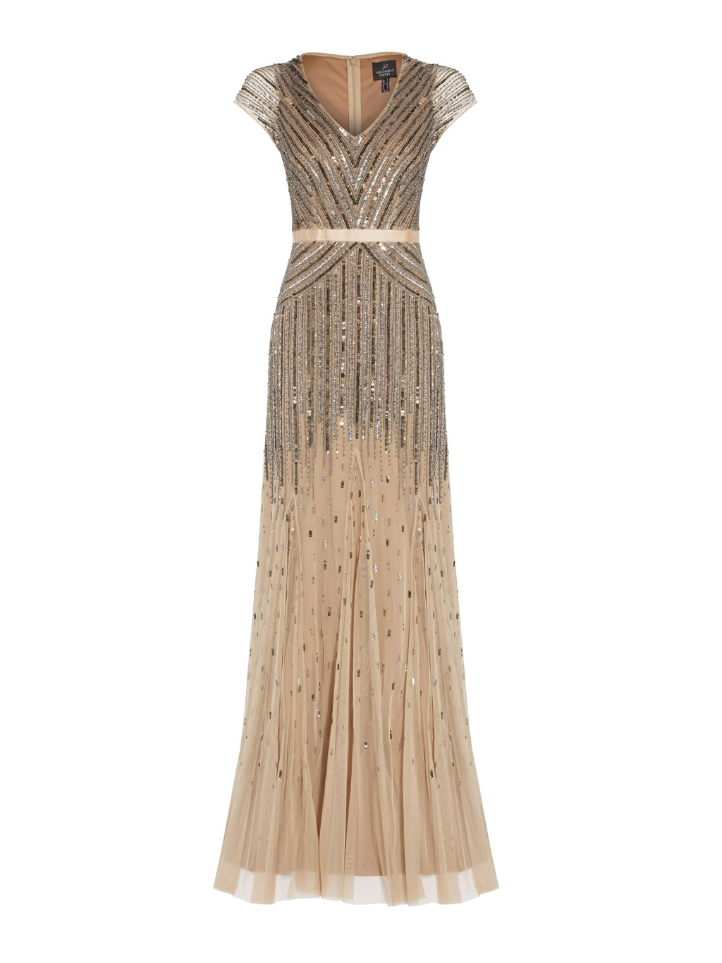 Adrianna Papell Women's Long Beaded V-Neck Dress with Cap Sleeves and Waistband, Nude, 4