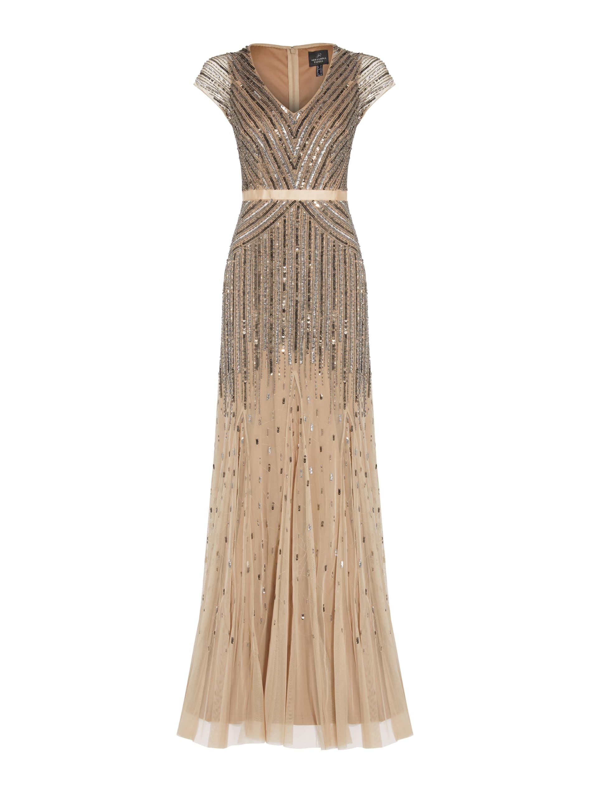 Adrianna Papell Women's Long Beaded V-Neck Dress with Cap Sleeves and Waistband, Nude, 4