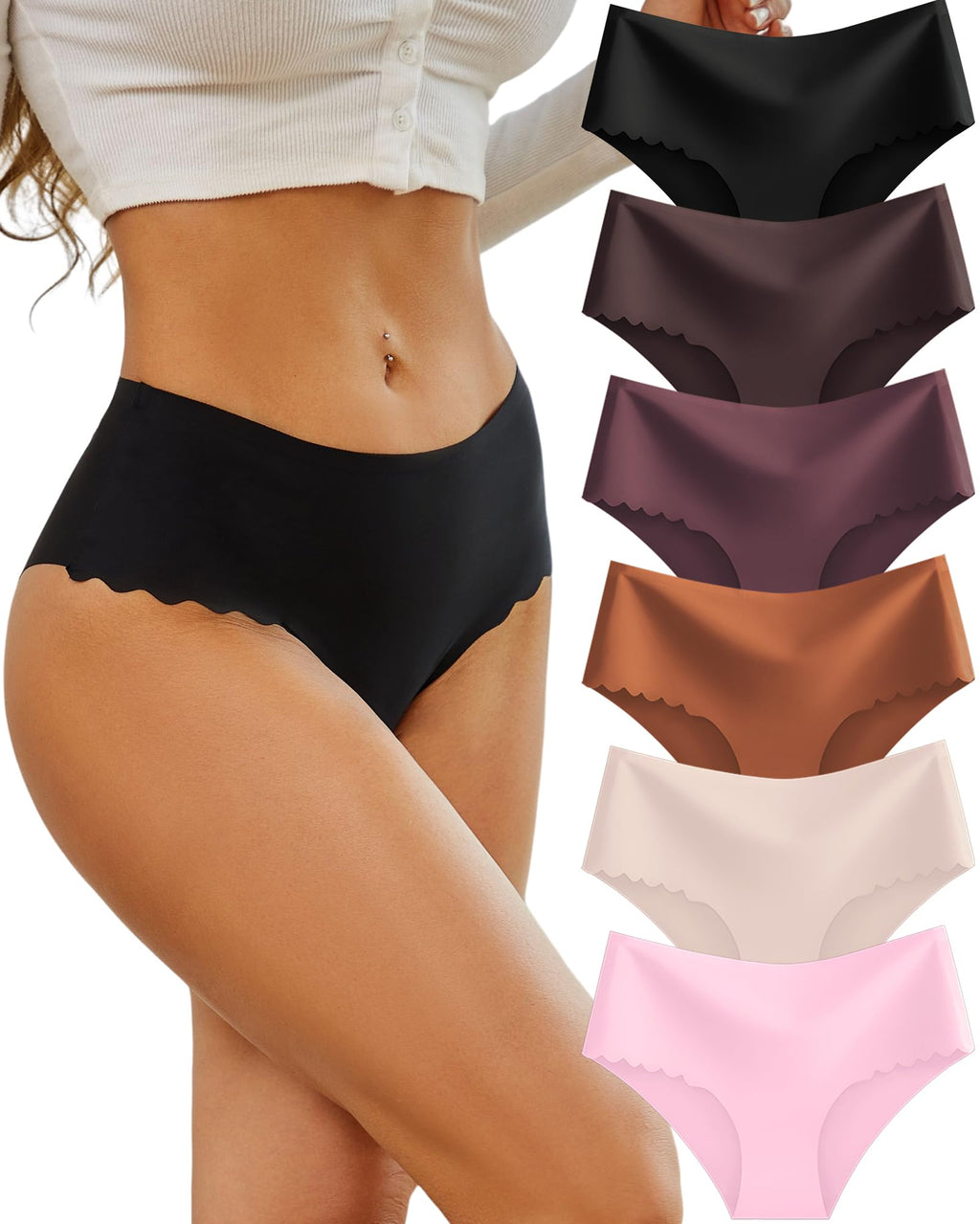 Sth Big High Waisted Seamless Underwear for Women No Show Panties Cheeky Scalloped Edge Bikini Breathable Briefs 6 Pack, Medium