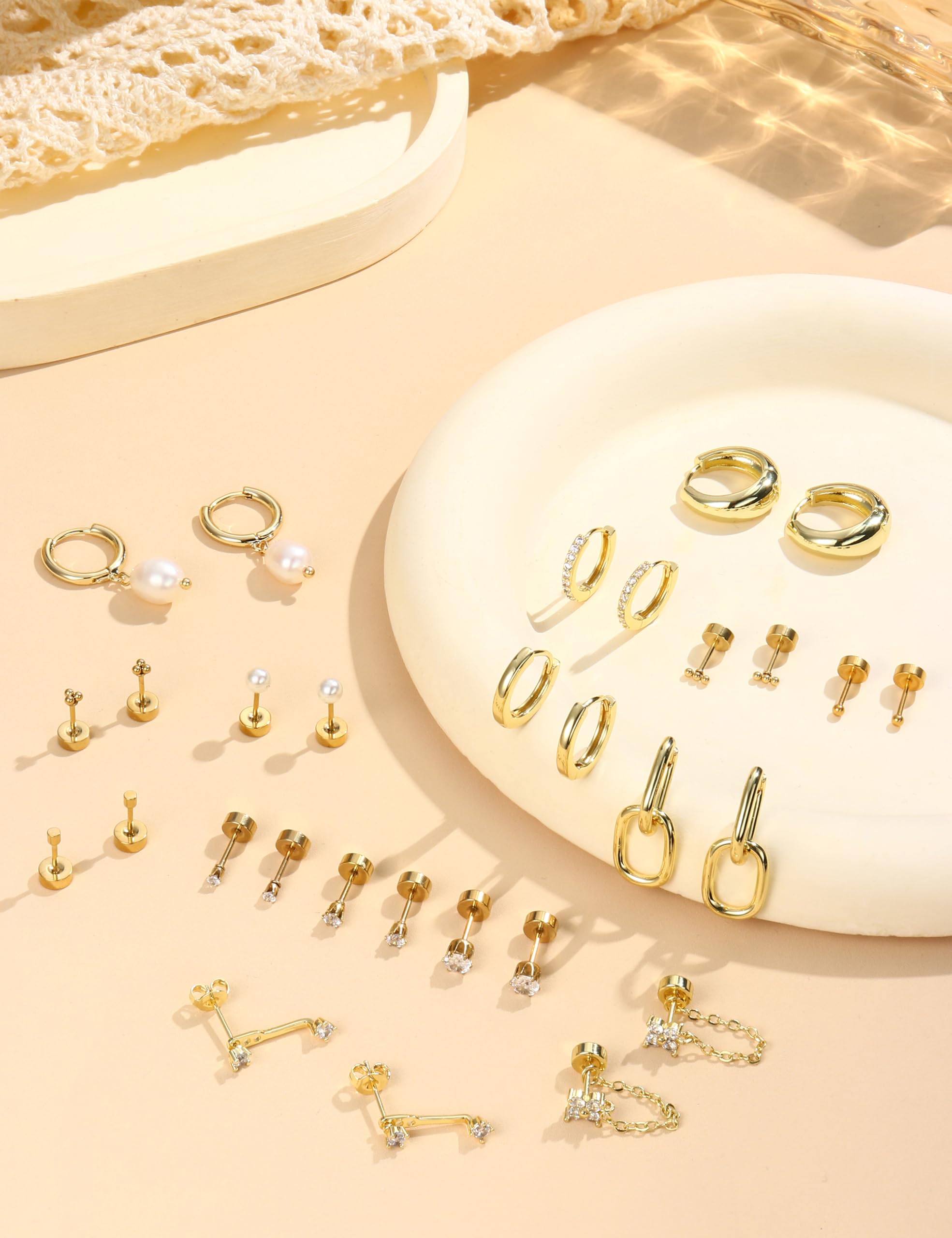 LOLIAS Flat Back Earrings for Women Hypoallergenic Surgical Steel Earrings for Sensitive Ears-20G Cartilage Earring Stacks 14K Gold Plated Hoops Flatback Stud Earring Sets for Multiple Piercing 14K Gold Plated