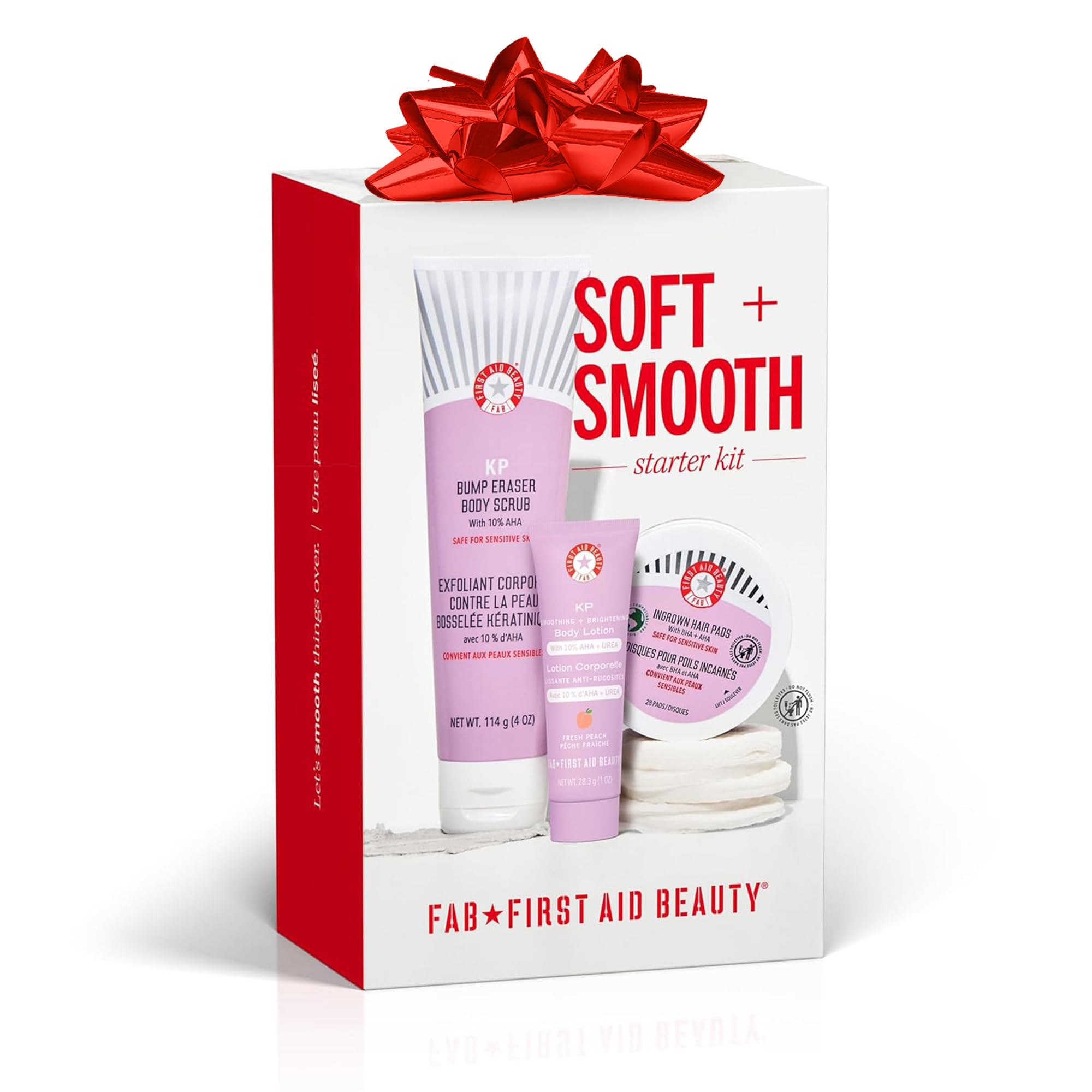 First Aid Beauty - Soft & Smooth Starter Kit, KP Bump Eraser Body Scrub with 10% AHA, 114 g, KP Smoothing Body Lotion with 10% AHA (Fresh Peach), 189.9 g, & Ingrown Hair Pads with BHA + AHA, 28 ct