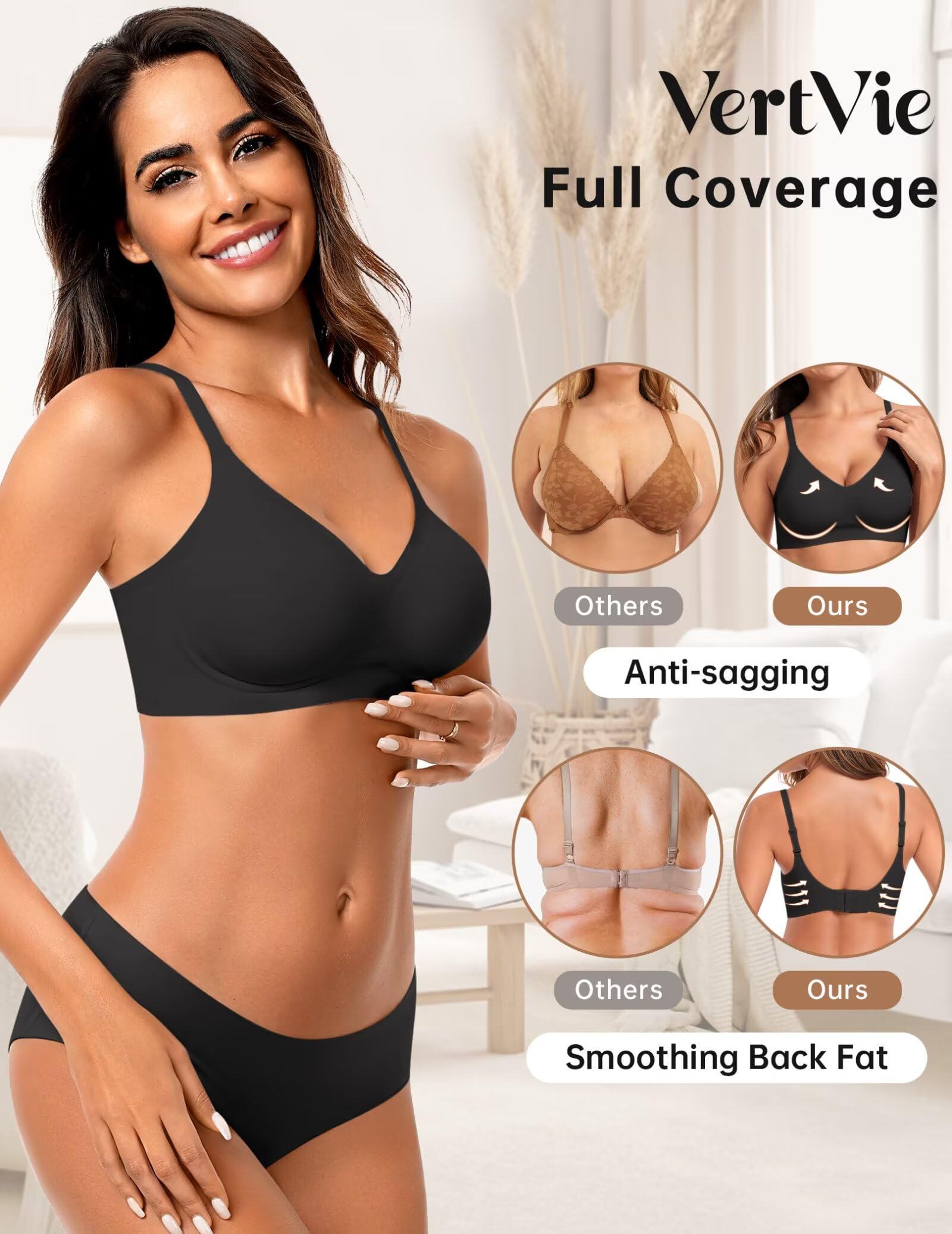 Vertvie Womens Seamless Bra No Underwire Comfort Push Up Bras Buttery Soft Wireless Bralette Full Coverage Sport Everyday Bra(Black,Medium)