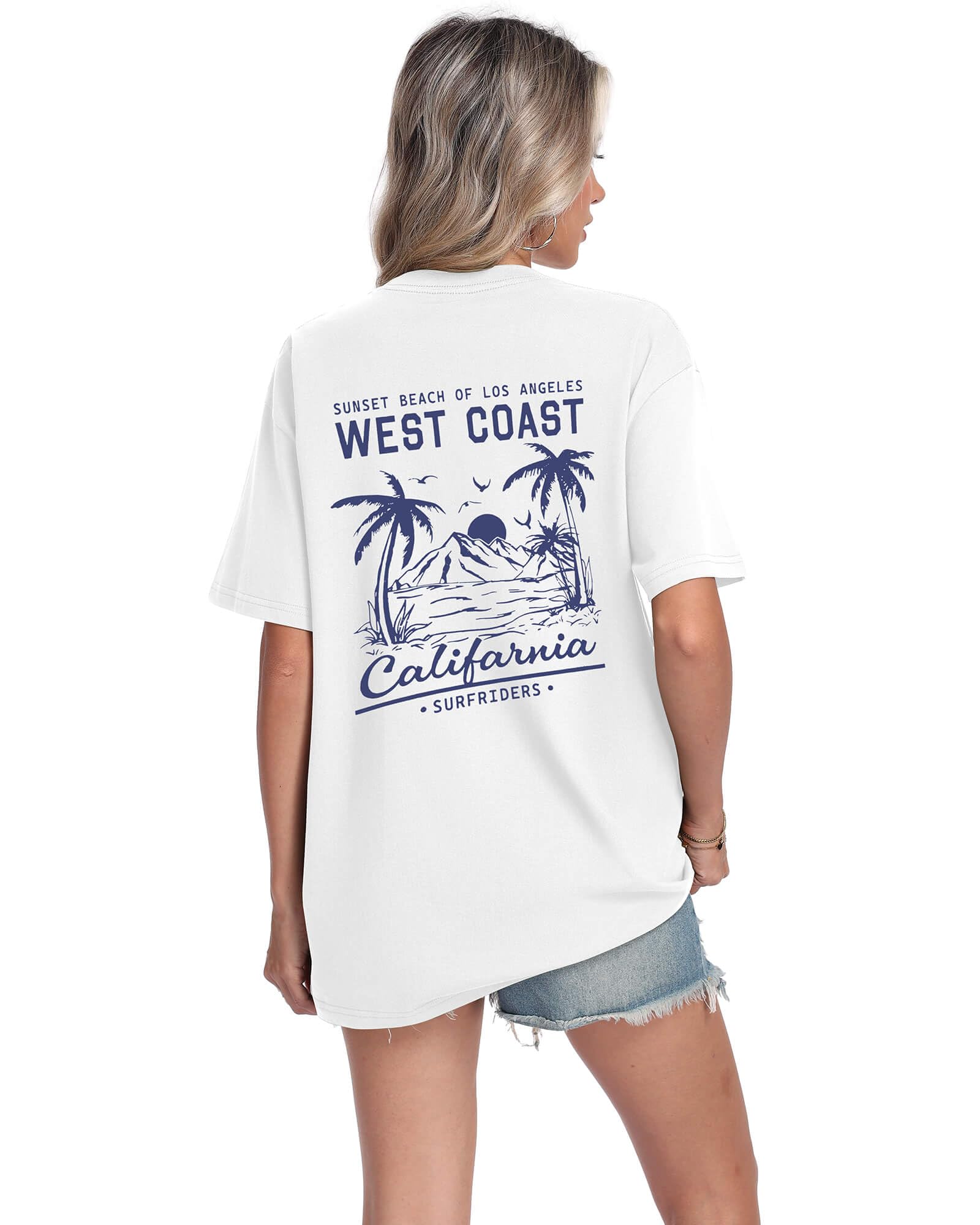 Mens Graphic T-Shirts Short Sleeve WEST Coast Palm Tree Print Summer Top 100% Cotton Casual California Tees for Men White