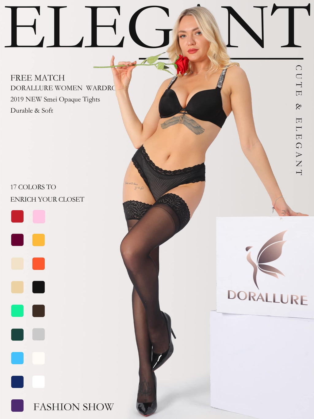 DORALLURE Thigh High Stockings Silicone Lace Top Stay Up Silky Semi Sheer Pantyhose for Women Hold Up Nylon