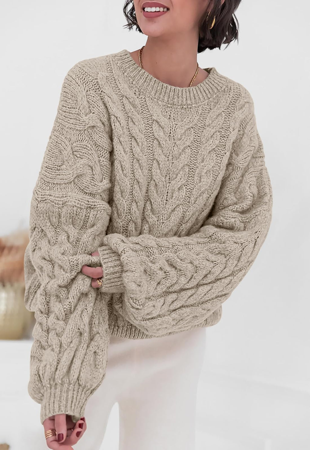 PRETTYGARDEN Womens Sweaters Fall 2026 Cable Knit Long Sleeve Crewneck Oversized Sweater Chunky Pullover Loose Outfits (Khaki, Small)