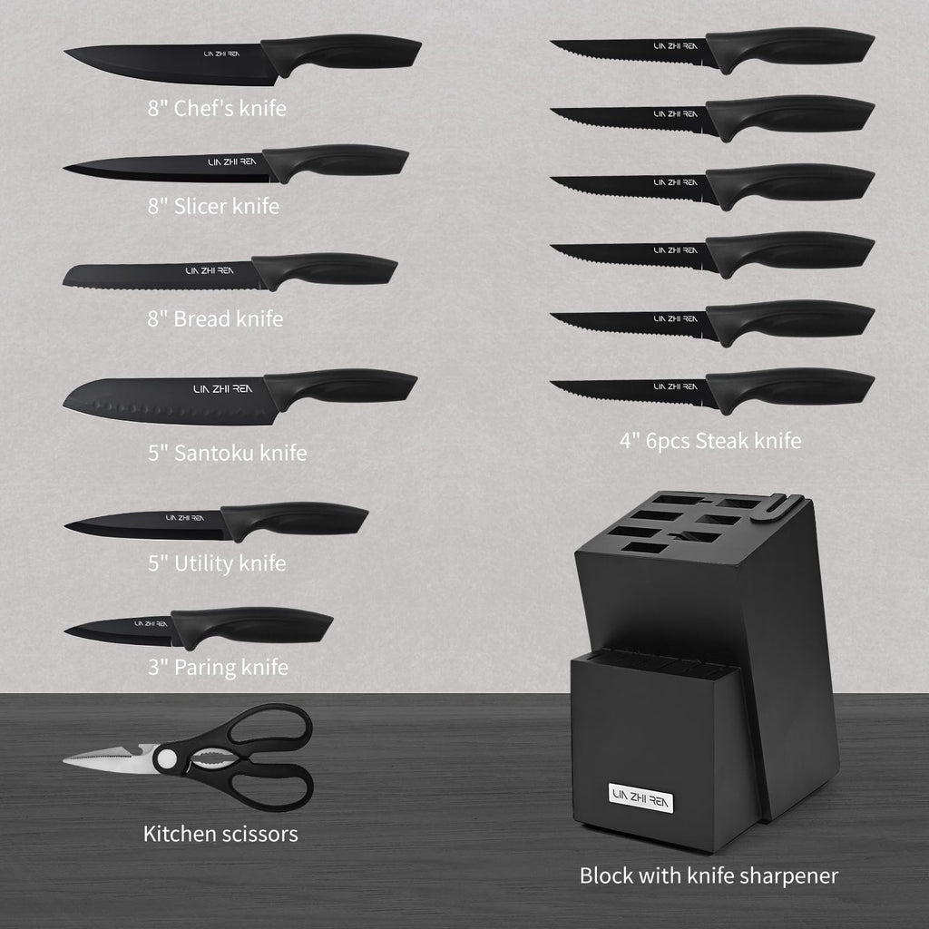 Knife Set, 15 Pieces Kitchen Knife Sets with Block, Built-in Sharpener, Dishwasher Safe, Ergonomic Handle, Knife Block Set for Chopping, Slicing, Dicing & Cutting, Black