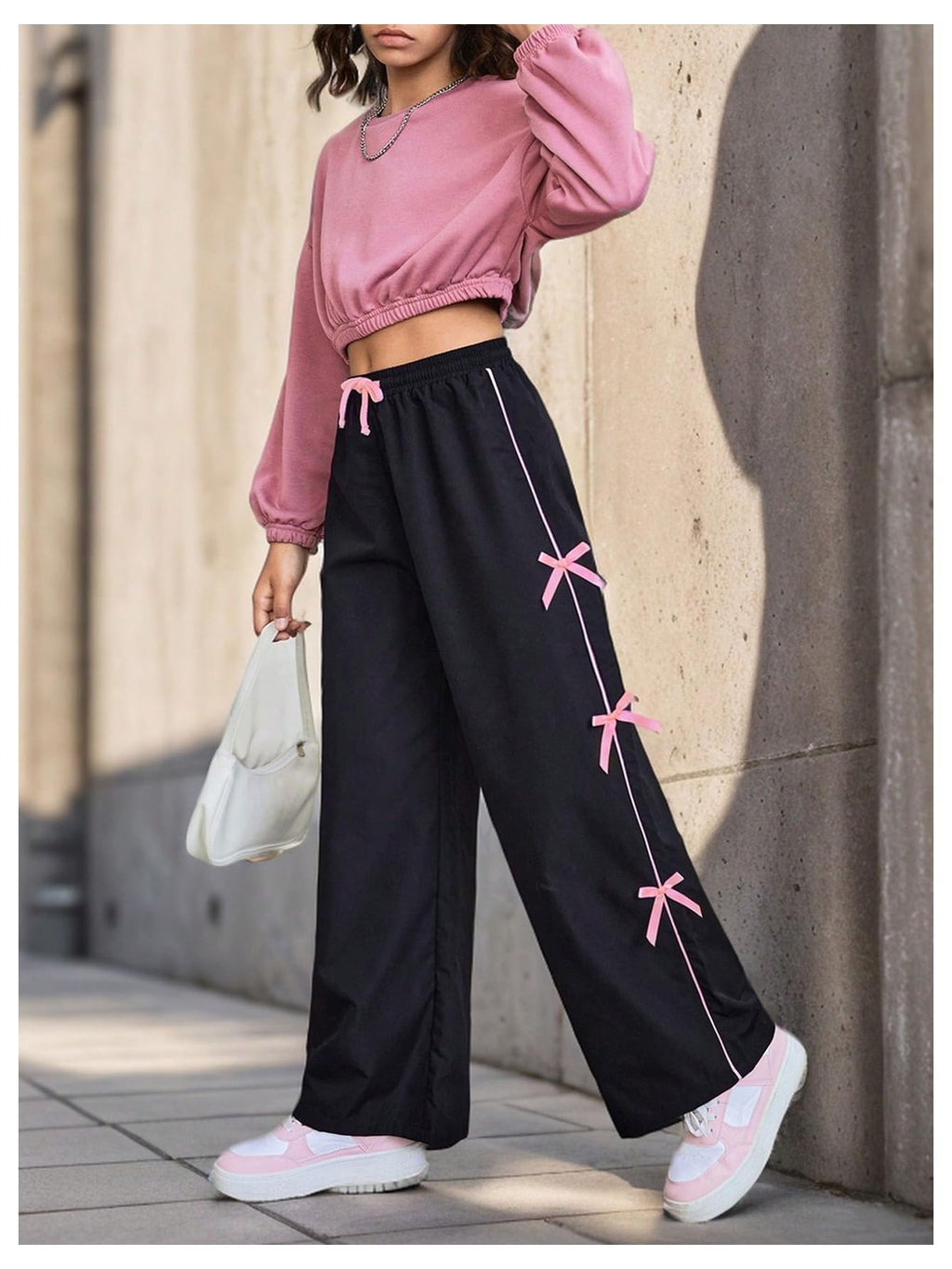 WDIRARA Girl's Bow Side Waist Track Pants Cute Wide Leg Trousers Black 11Y