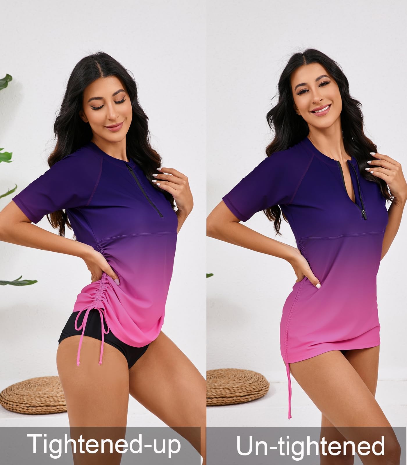 Halcurt Women's Half Zip Short Sleeve Rash Guard Swim Shirt with Tie Drawstring UPF50+ Swimsuit Top Ombre Purple Pink XL