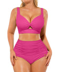 SHAPELLX Two Piece Swimsuits for Women Tummy Control Bikini High Waisted Bathing Suit V Neck Twist Front Swimwear (Pink, Medium)