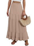 ANRABESS Womens Maxi Skirt Elastic High Waist Swing Tiered A-line Flowy Pleated Boho Beach Vacation Long Skirts Tan Brown Medium