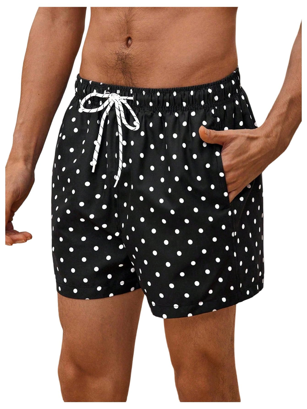 WDIRARA Men's Polka Dots Swim Trunks Drawstring Waist Beach Vacation Board Shorts with Pockets Black and White XX-Large