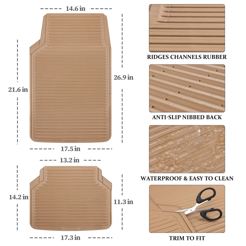CAR PASS Rubber Floor Mats - All Weather, Full Set 4-Piece, Waterproof Automotive Mats Trim to Fit Most Cars, Sedans, SUVs, Vans - Heavy Duty Anti-Slip Easy Clean, All Beige