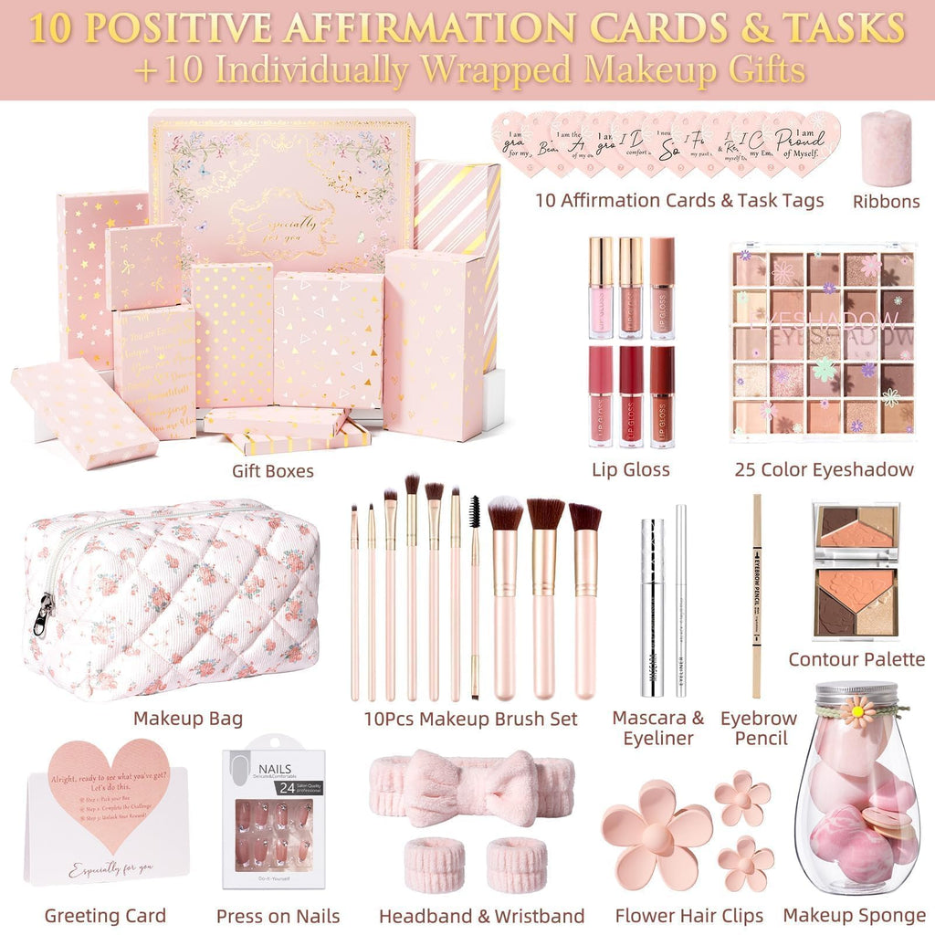 Teen Girl Gifts Trendy Stuff, 10 Positive Affirmation Cards & Empowering Challenges to Unlock 10 Wrapped Makeup Gift Set Motivational Birthday Valentines Day Gift Basket for Tween & Teenage Girls