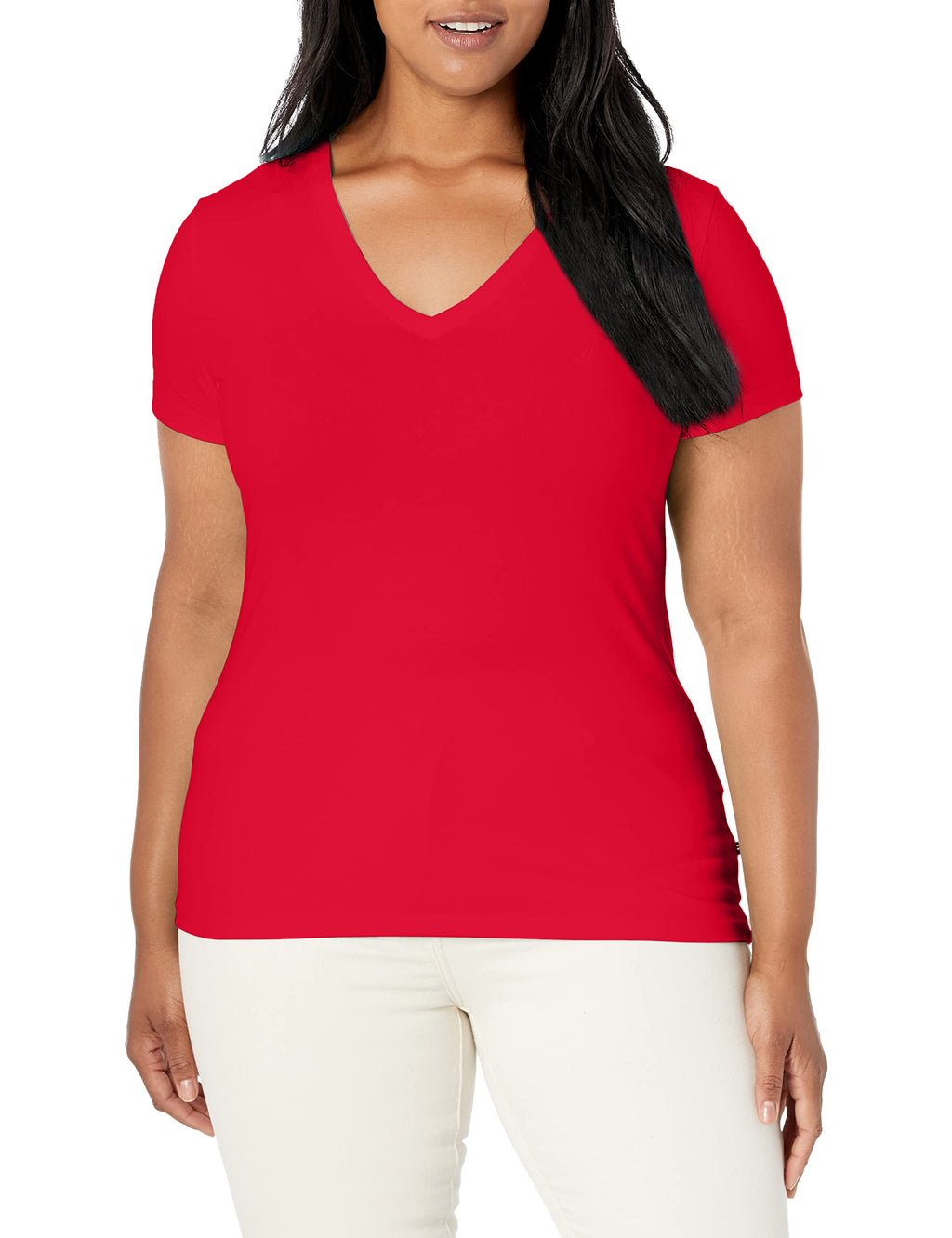 Nautica Women's Easy Comfort V-Neck Supersoft Stretch Cotton Solid T-Shirt Shirt, nautica Red, Medium