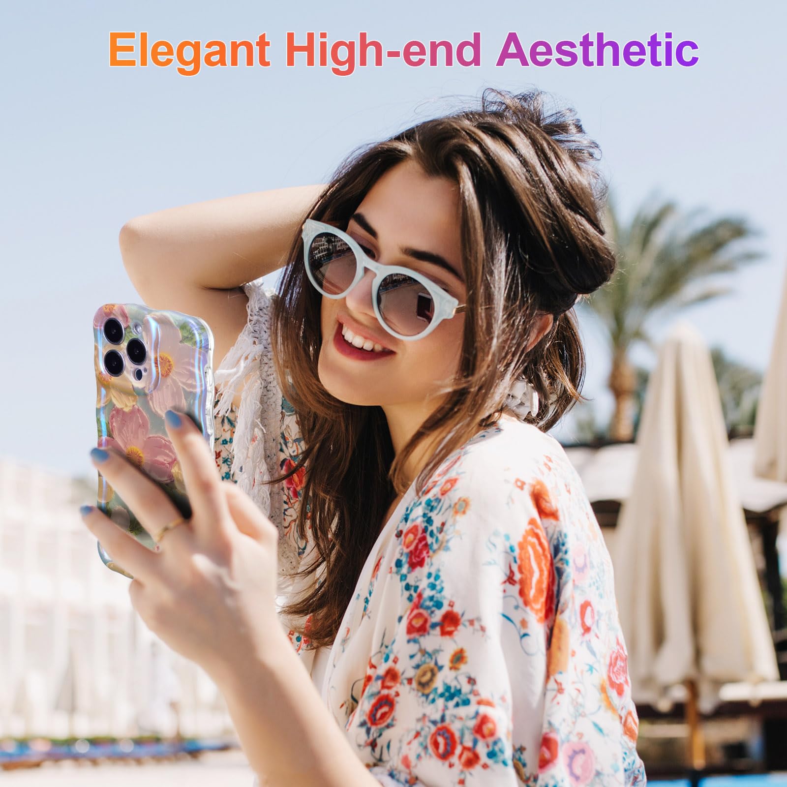 EYZUTAK Case for iPhone 15 Pro Max, Colorful Retro Oil Painting Printed Flower Laser Glossy Pattern Cute Curly Wave Edge Exquisite Phone Cover Stylish Durable TPU Protective Case for Girls Women-Green