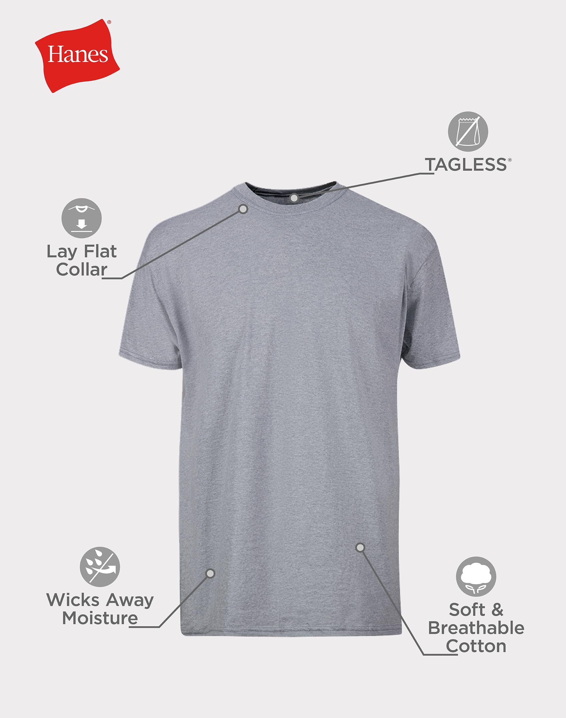 Hanes Mens Cotton, Moisture-wicking Crew Tee Undershirts, Multi-packs, Black/Grey/Blue Assorted - 6 Pack, XX-Large US