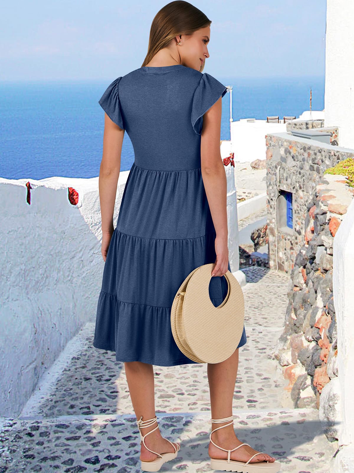 ANRABESS Womens Summer Dress Ruffle Sleeve V Neck Midi Dresses Fashion Casual Fit Flowy Tiered Boho Beach Vacation Sundress Blue-L