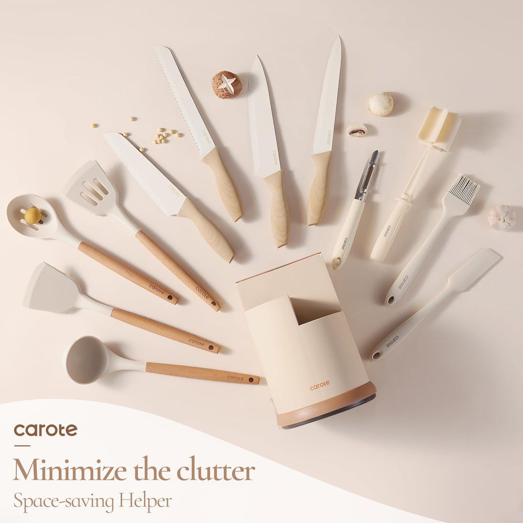 CAROTE 13Pcs Kitchen Utensils Set with 360 Rotating Knife Block, Heat Resistant Cooking Utensils with Wooden Handle, Nonstick Ceramic Surface, Cream White