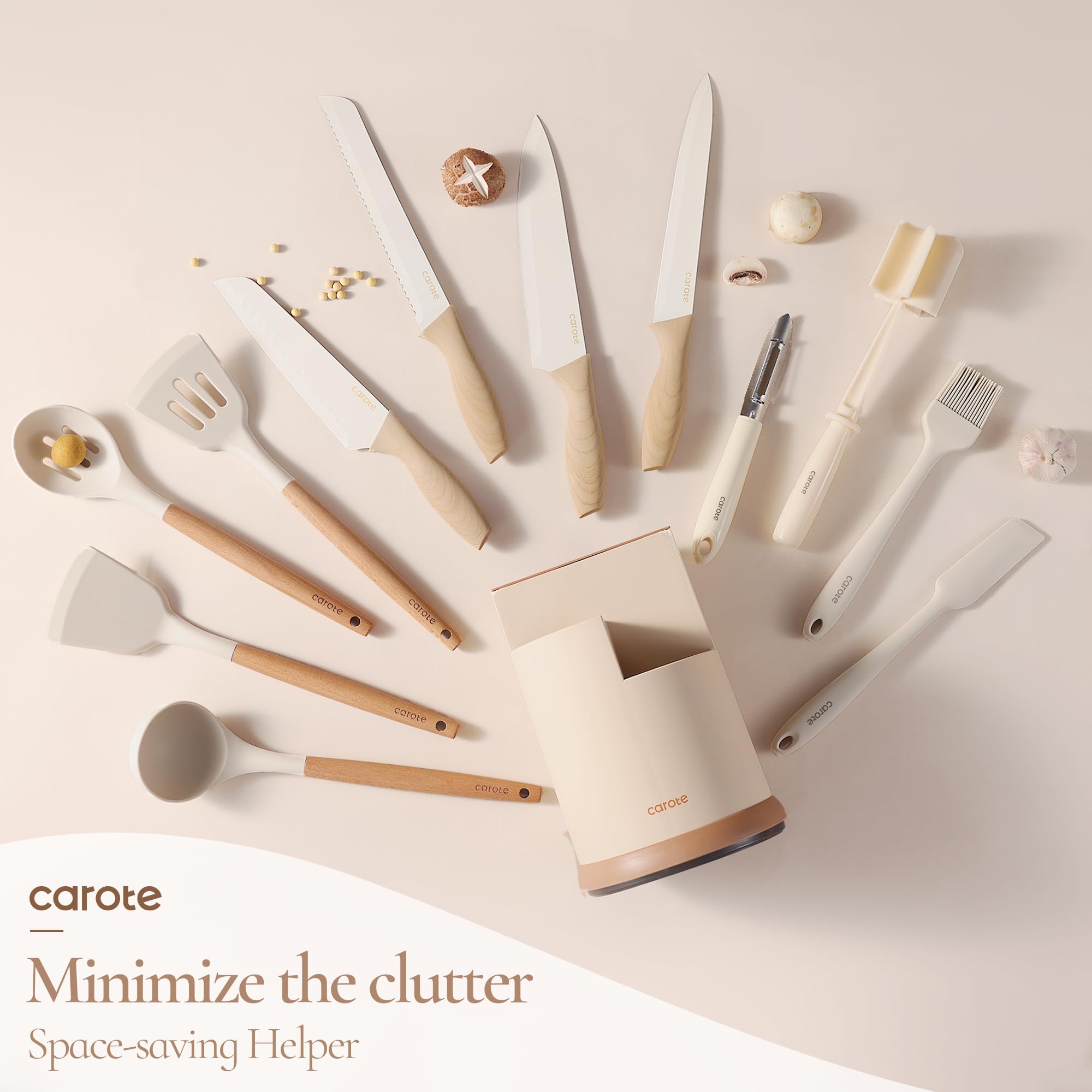 CAROTE 13Pcs Kitchen Utensils Set with 360 Rotating Knife Block, Heat Resistant Cooking Utensils with Wooden Handle, Nonstick Ceramic Surface, Cream White