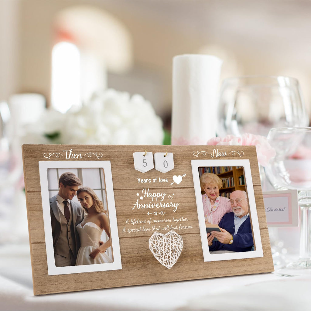 Calibron Then & Now Anniversary Wedding Gifts for Couples, Anniversary Birthday Gifts for Hers/Him, 1-99 Years Double Picture Frame, Anniversaries for Parents Women Men Photo Frame Holds 2pcs 4x6 Pictures