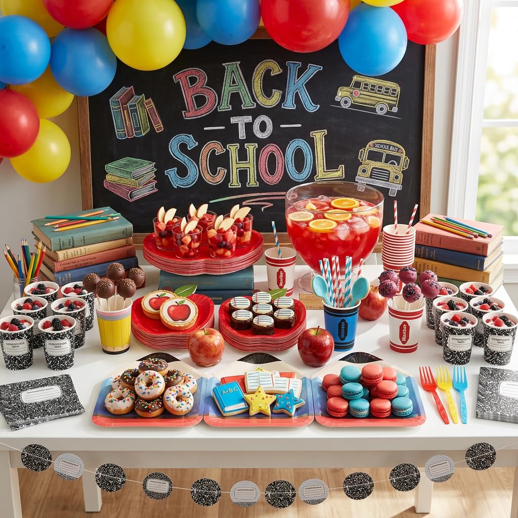 120 PCS Back to School Party Supplies, School Paper Plates and Napkins Set for 24 Guests, Pencil Shaped Plates, Composition Book & Notebook Napkins, 9 oz Cups, Forks, Classroom First Day of School