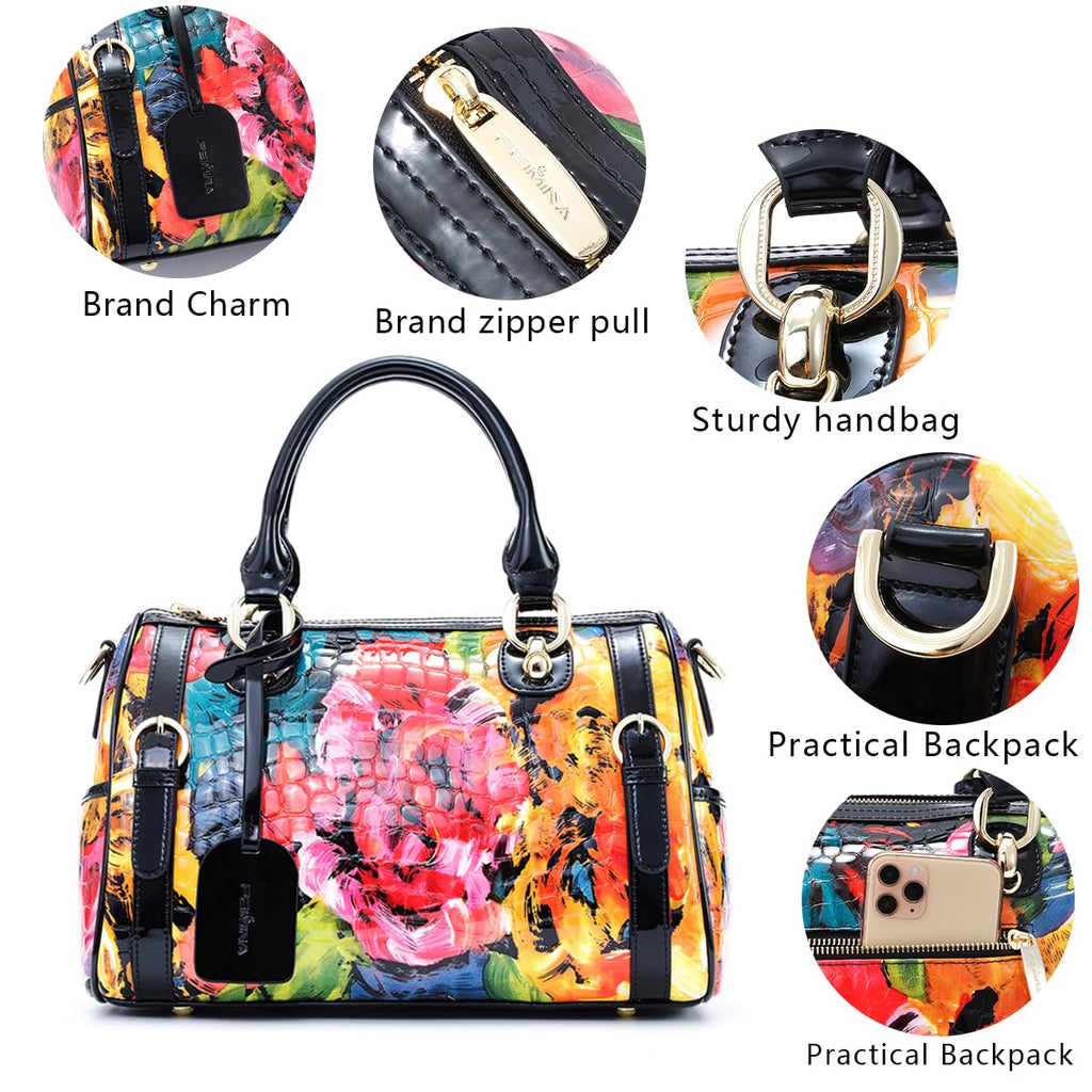 Genuine Leather Bags Flower Purses Floral Bag Tote Handbags for Women Cross Body Hobo Satchel Designer Medium Bag(Doodle)