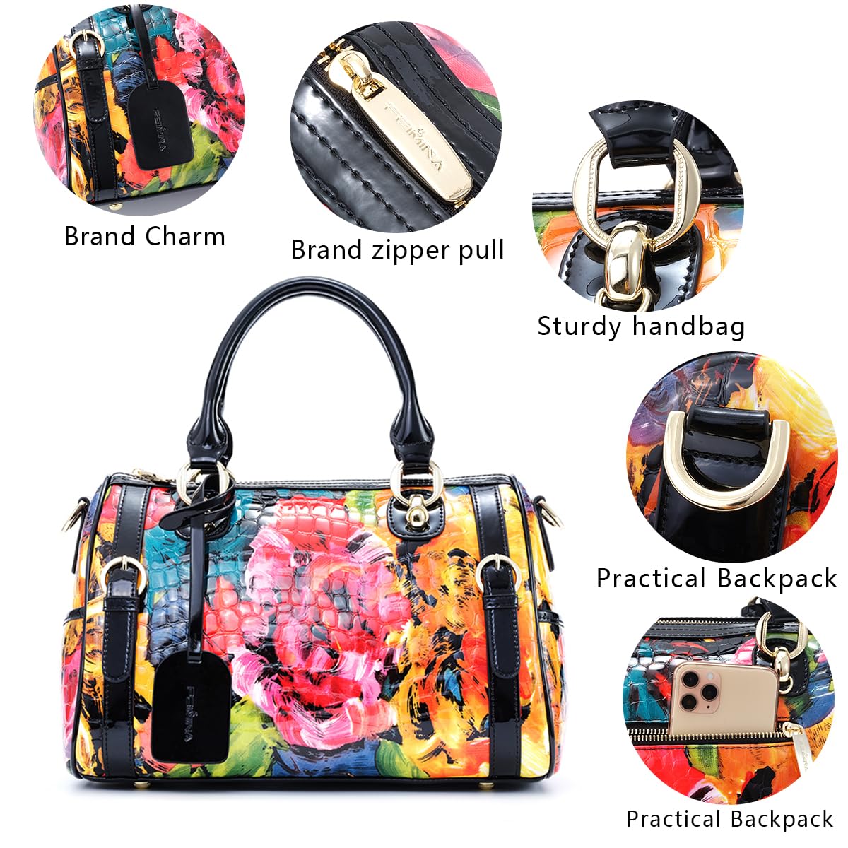 Genuine Leather Bags Flower Purses Floral Bag Tote Handbags for Women Cross Body Hobo Satchel Designer Medium Bag(Doodle)