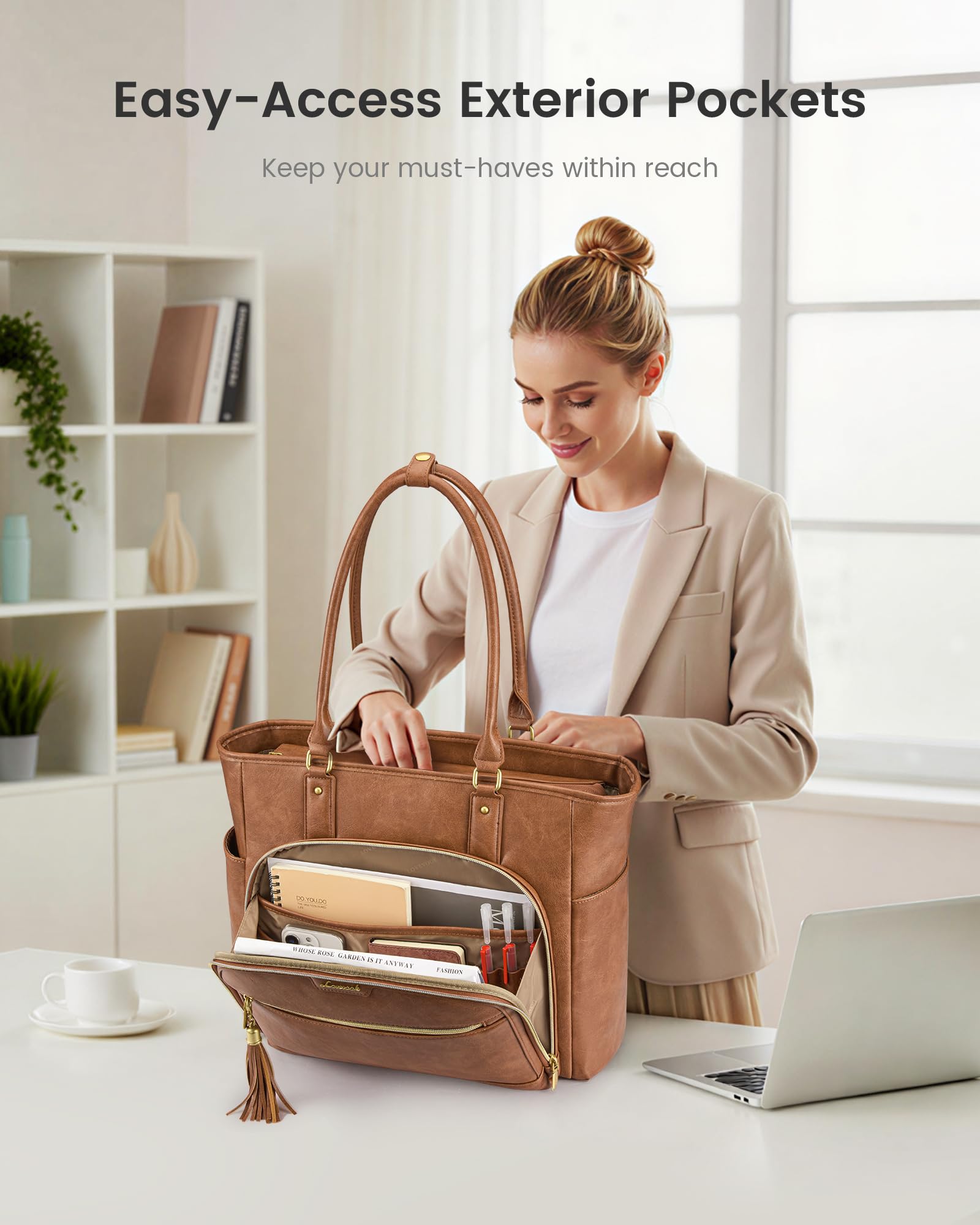 LOVEVOOK Laptop Tote Bag for Women Work, Vintage Leather Teacher Nurse Bag with Large Cup Holder, Bible Handbag Purse GIfs, Waterproof Professional Computer Briefcase for Business Office, 15.6 Inch