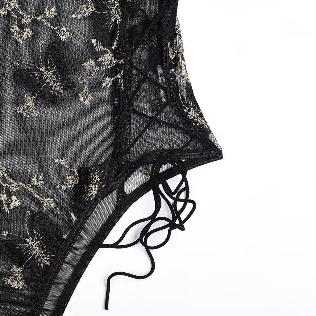 Lilosy Women Sexy Lace Up Floral Embroidered Teddy Babydoll Lingerie Bodysuit Top Mesh Sheer One Piece See Through Butterfly Black Medium