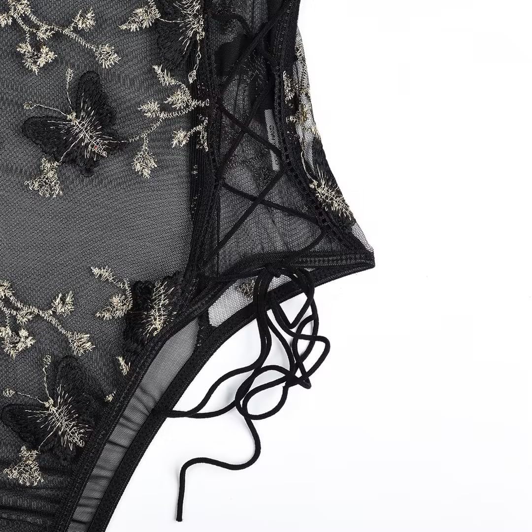 Lilosy Women Sexy Lace Up Floral Embroidered Teddy Babydoll Lingerie Bodysuit Top Mesh Sheer One Piece See Through Butterfly Black Medium