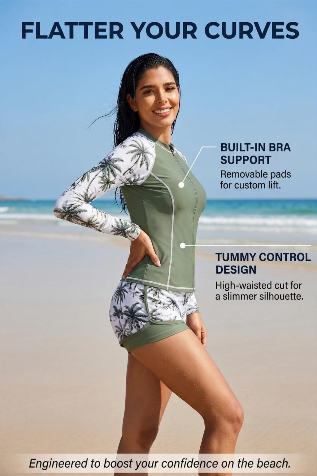 Green Palm Tree 3 Piece Rash Guard for Women - Long Sleeve Swimsuits with Shorts SPF Zip up Swim Shirt with Built in Bra M