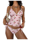 WDIRARA Women's Halter Tankini Swimsuit Cherry Print Gingham Tie Side 2 Piece Bathing Suit Pink X-Large