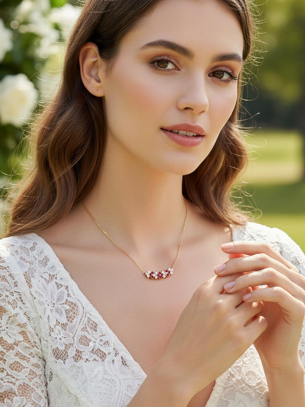Ruby Bar Necklace for Women Grilfriend Moissanite 925 Silver Gold Plated Diamond Red Flower Floral Necklace
