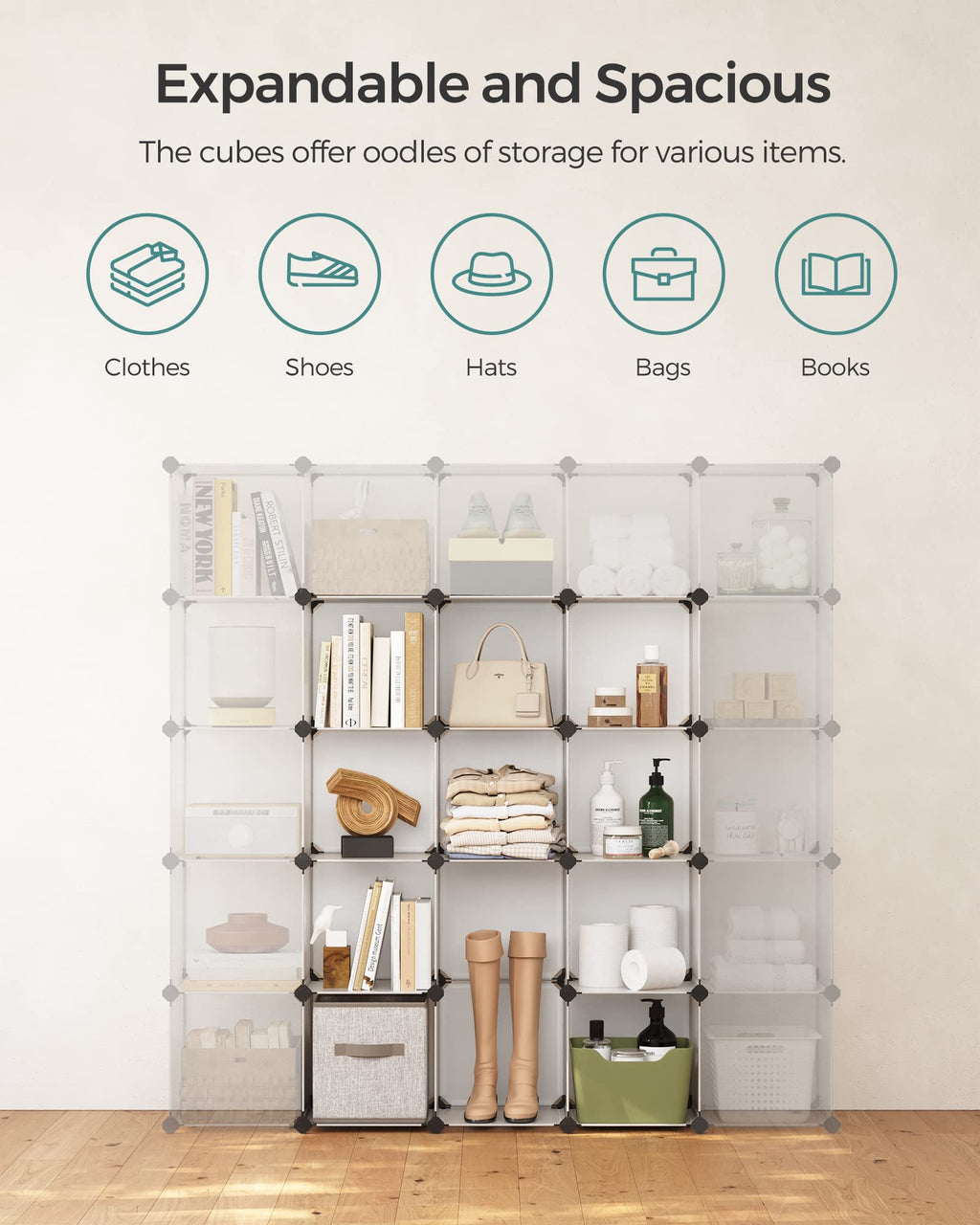 SONGMICS Cube Storage Organizer, Set of 16 Plastic Cubes, Book Shelf, Closet Organizers and Storage, Room Organization, Bedroom Living Room, 12.2 x 48.4 x 48.4 Inches, White ULPC44L